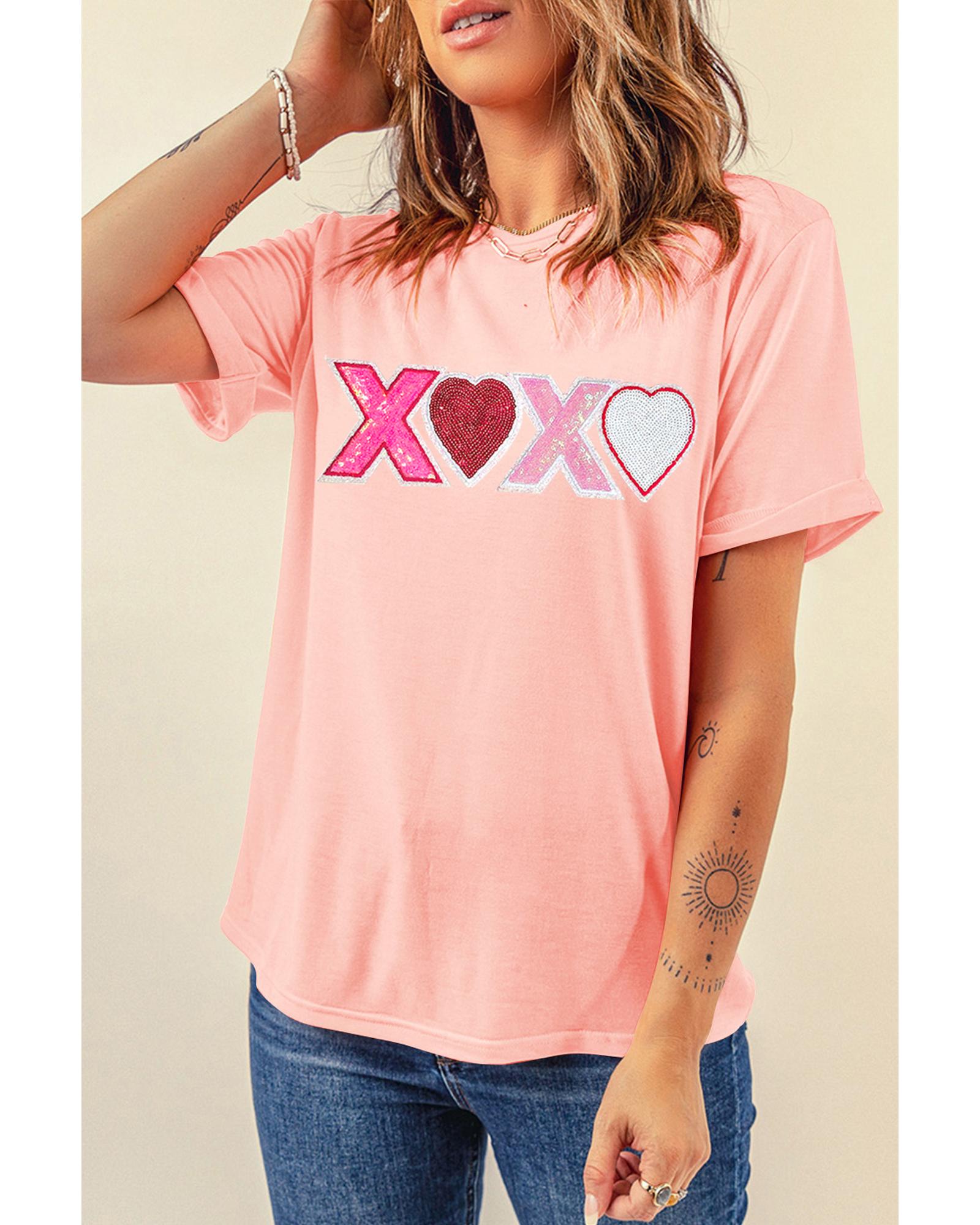 V539-AZEXDC25227986-10-XL-202508290145-00 Pink Sequin Heart XOXO Patched Graphic Valentines T Shirt - XL - Image 1