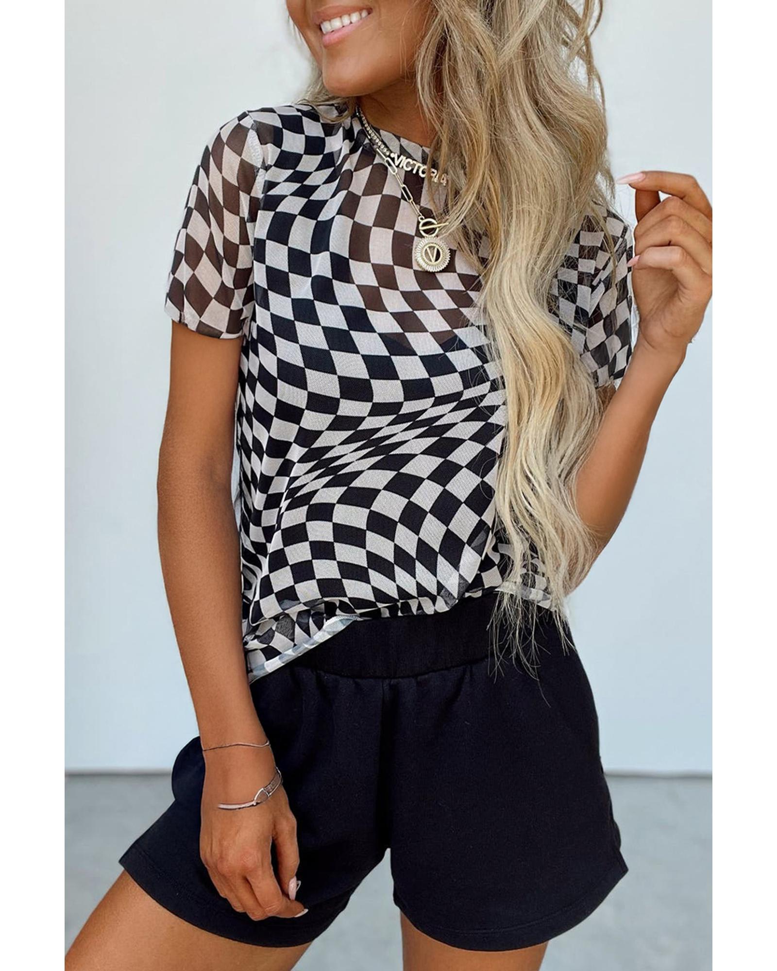 V539-AZEXDC25228160-P220-M-202508282255-00 Black Checker Mesh Crew Neck T Shirt - M - Image 1