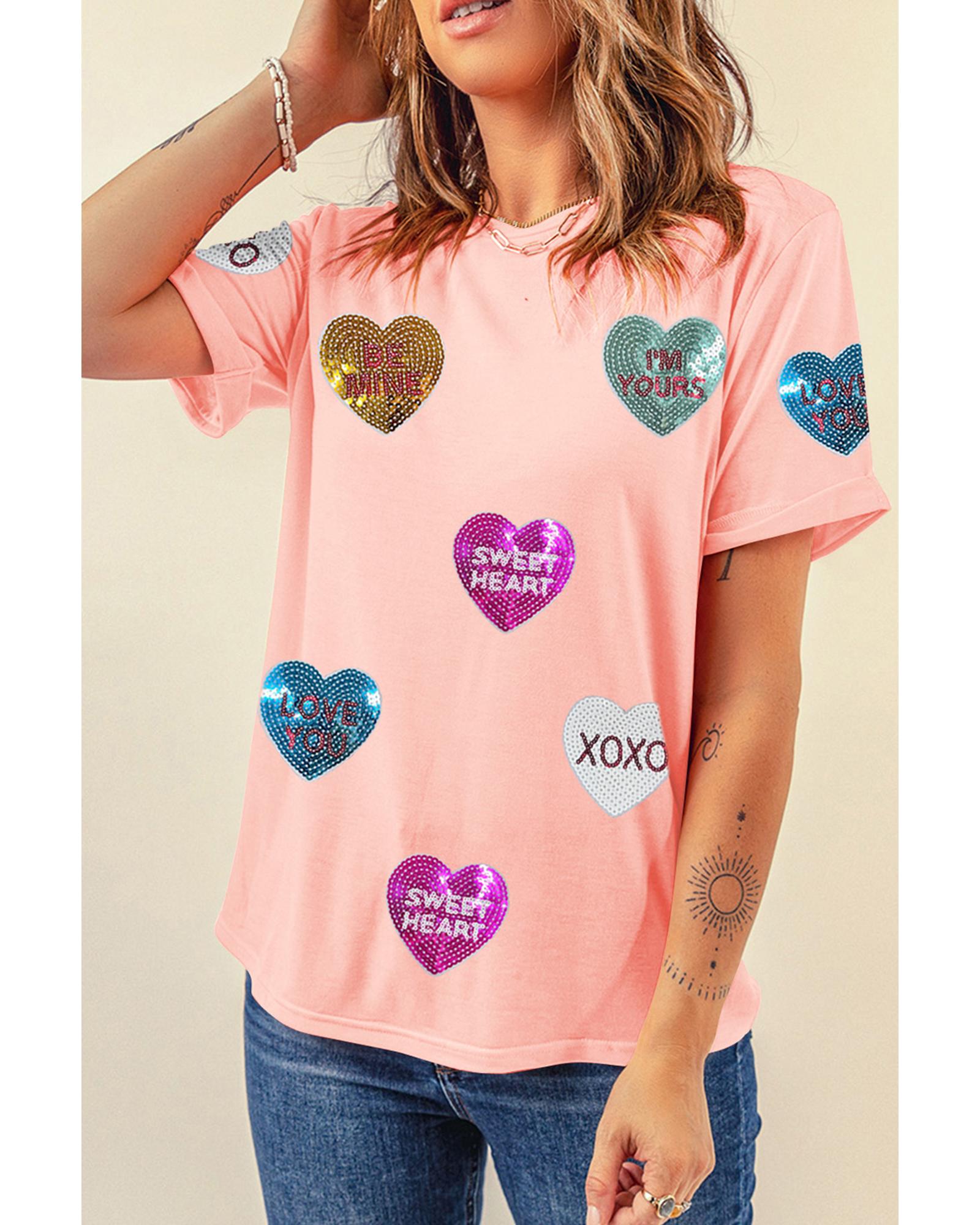 V539-AZEXDC25228197-10-3XL-202508290255-00 Pink Sequin Valentines Lettering Heart Patched Crewneck T Shirt - 3XL - Image 1