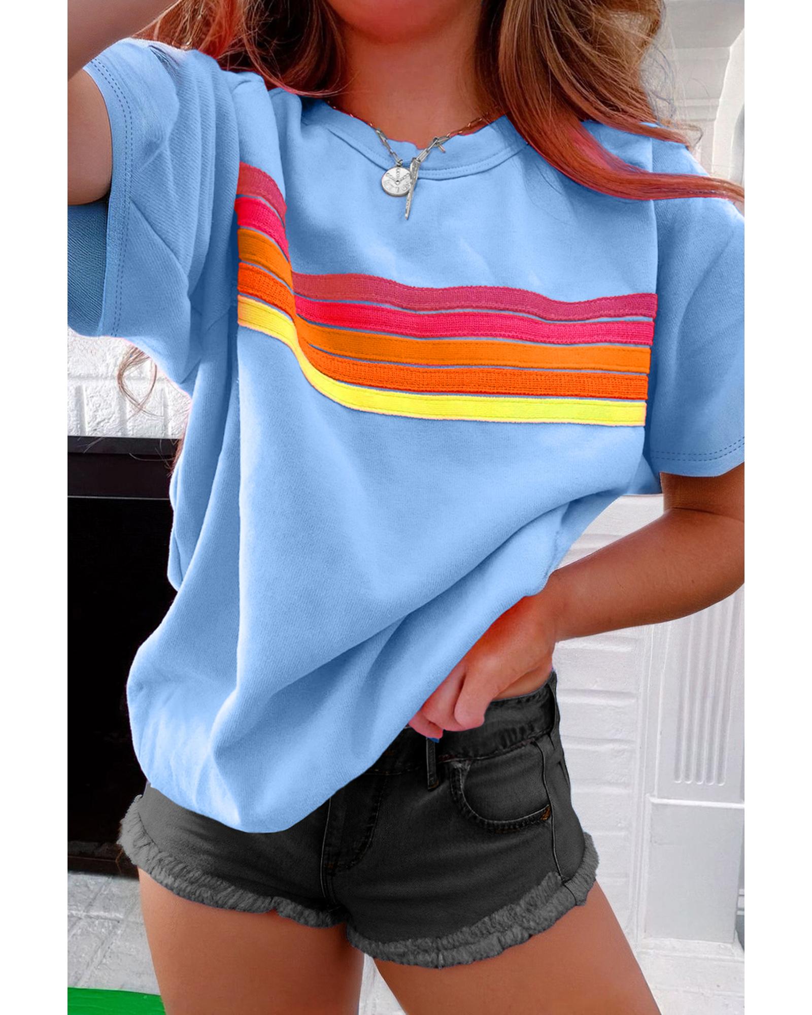V539-AZEXDC25228201-P804-XL-202508291930-00 Beau Blue Striped Patch Front Casual Tee - XL - Image 1