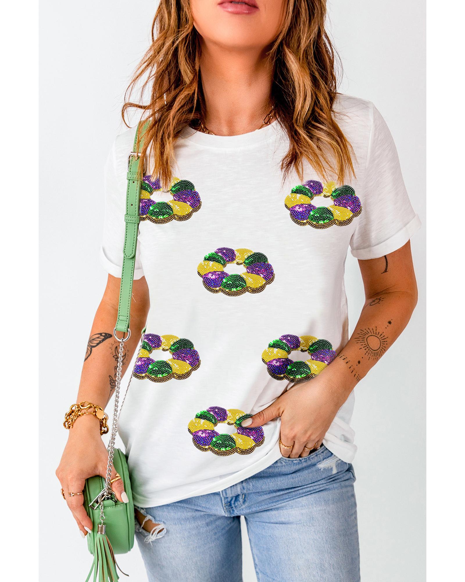 V539-AZEXDC25228252-1-XL-202508291350-00 White Sequined Mardi Gras Pattern Crew Neck Short Sleeve Top - XL - Image 1