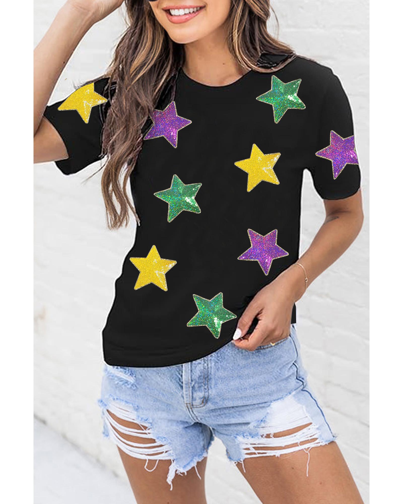V539-AZEXDC25228263-2-XL-202508300440-00 Black Colorful Sequin Stars Patched Relaxed T Shirt - XL - Image 1
