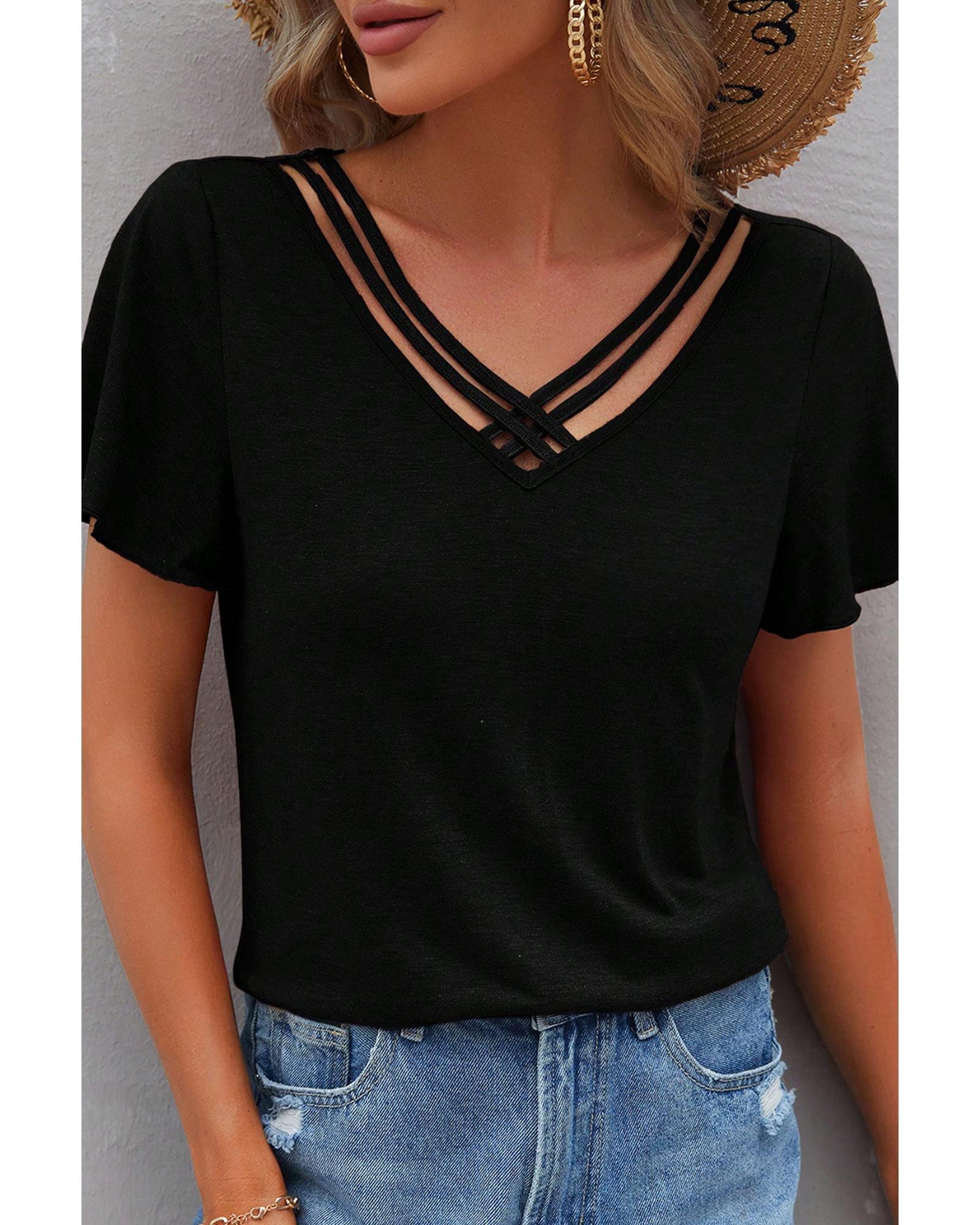 V539-AZEXDC25228352-P2-M-202508281005-00 Black Crisscross V Neck Butterfly Sleeve T Shirt - M - Image 1
