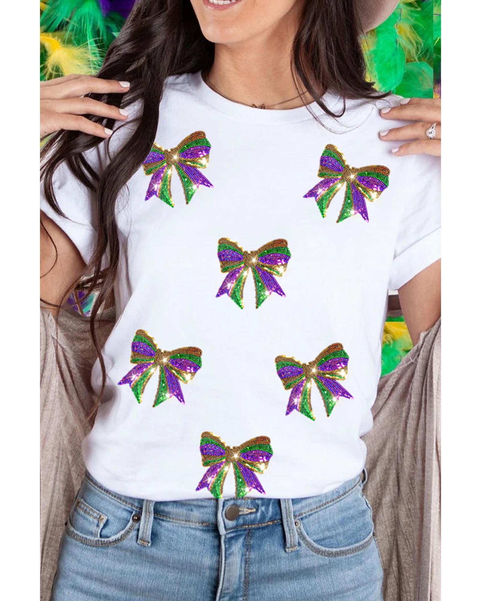 V539-AZEXDC25228371-1-M-202508300200-00 White Sequin Mardi Gras Bow Graphic Crewneck Tee - M - Image 1