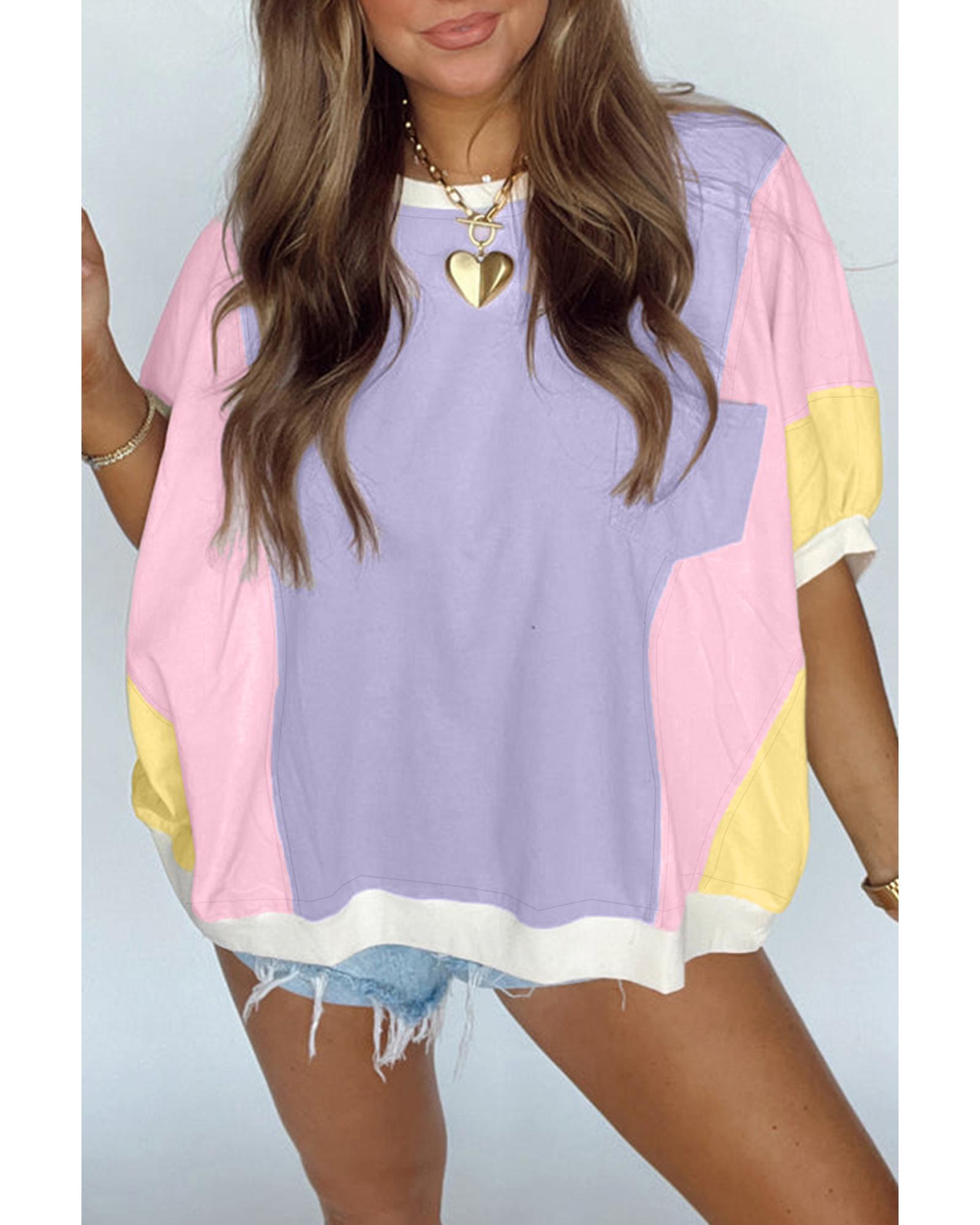 V539-AZEXDC25228417-P822-L-202508281345-00 Purple Color Block Patchwork Half Sleeve Oversized T Shirt - L - Image 1