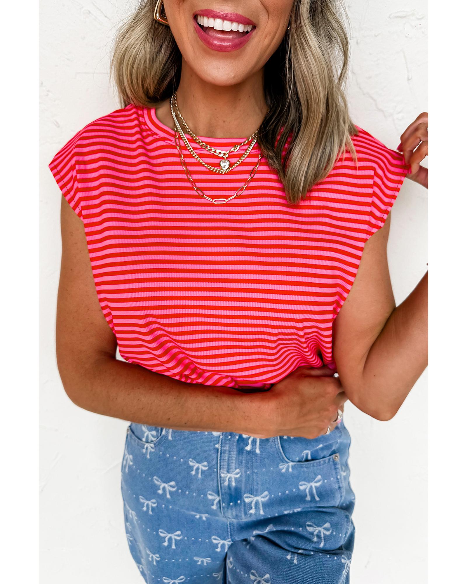 V539-AZEXDC25228577-P319-S-202506191732-00 Red Stripe Ribbed Cap Sleeve Round Neck T Shirt - S - Image 1