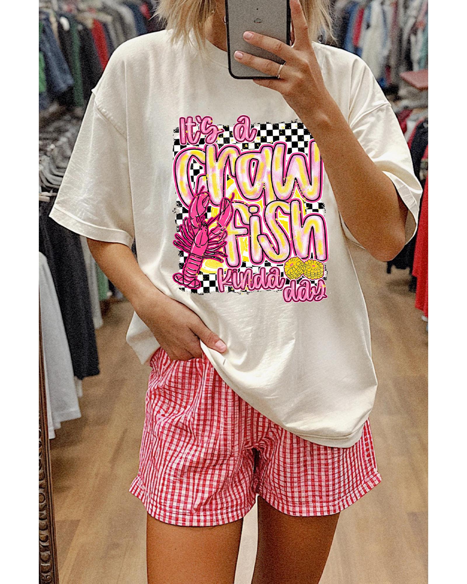 V539-AZEXDC25228836-1-M-202508281350-00 White Crawfish Checkered Pattern Graphic Tee - M - Image 1