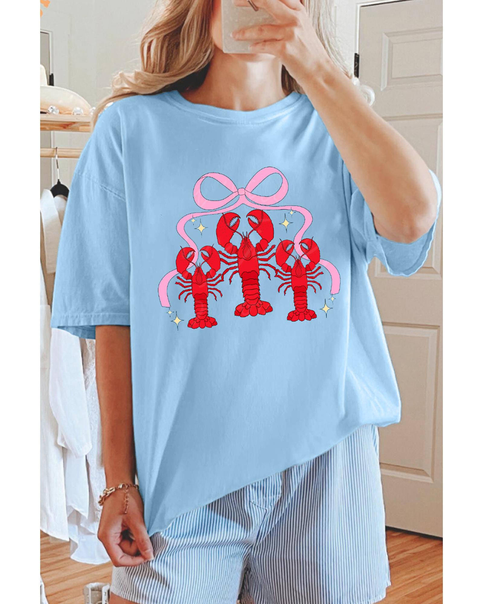V539-AZEXDC25228838-P4-S-202506130135-00 Light Blue Bow Crawfish Printed Relaxed Fit T Shirt - S - Image 1