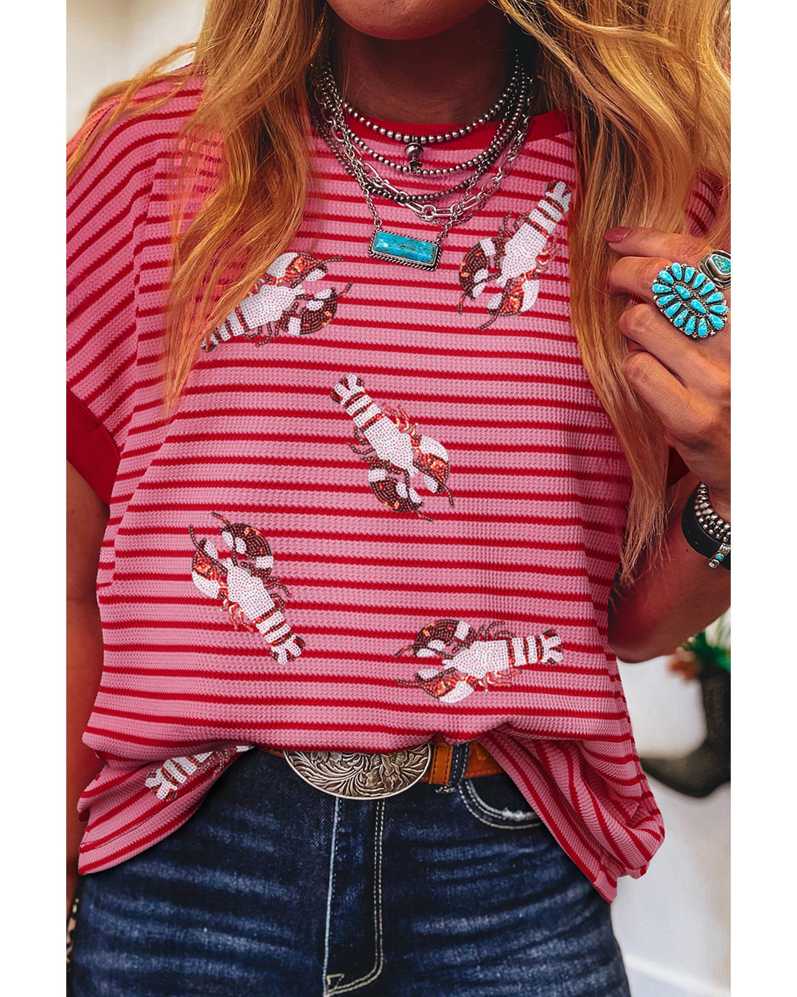 V539-AZEXDC25228851-P1019-S-202506130145-00 Pink Stripe Sequin Crawfish Crewneck T Shirt - S - Image 1