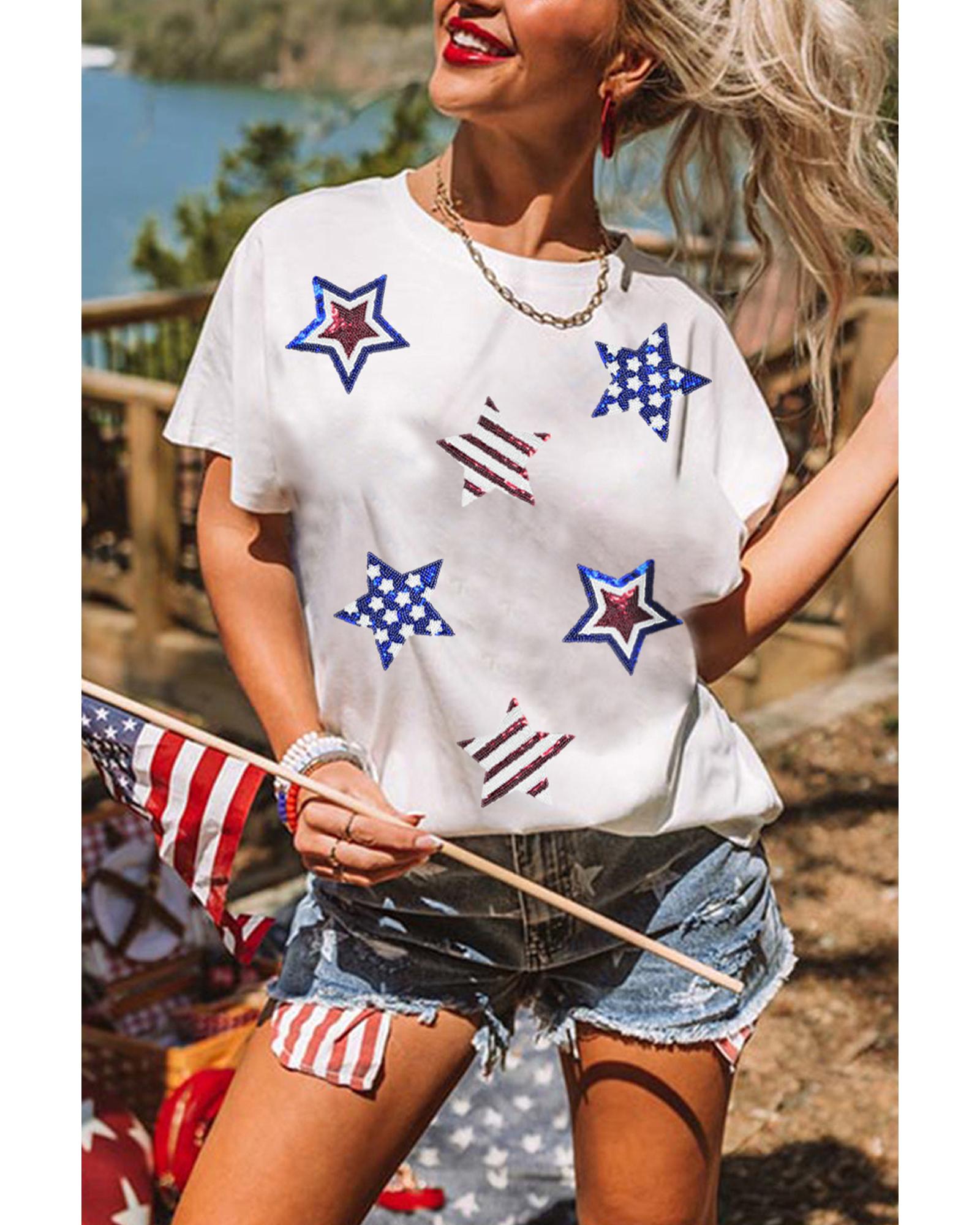 V539-AZEXDC25228879-1-2XL-202508300145-00 White USA Sequin Stars Patched Casual T Shirt - 2XL - Image 1