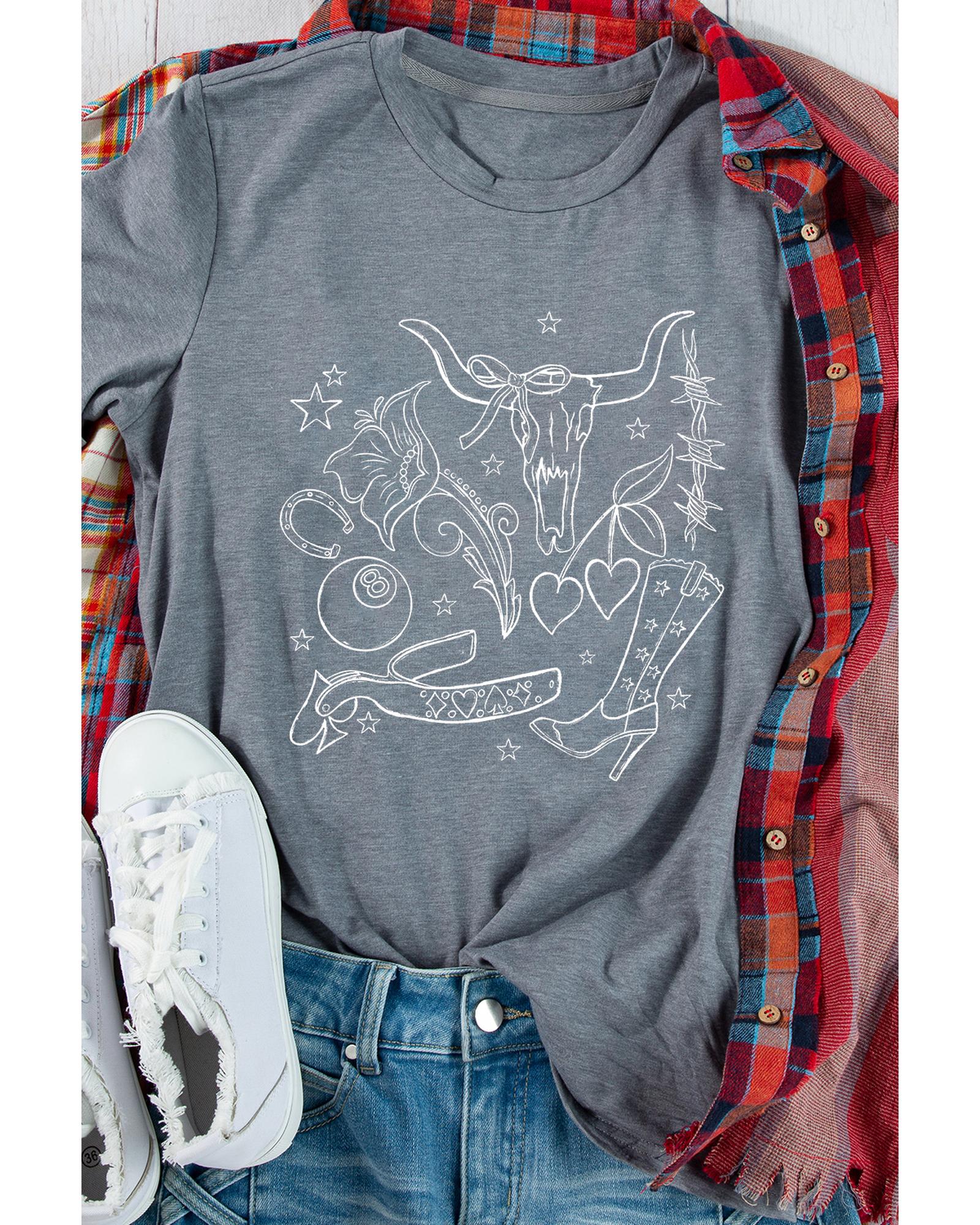 V539-AZEXDC25229017-11-M-202508281305-00 Gray Cowgirl Boots OX Head Western Fashion Print Crewneck Tee - M - Image 1