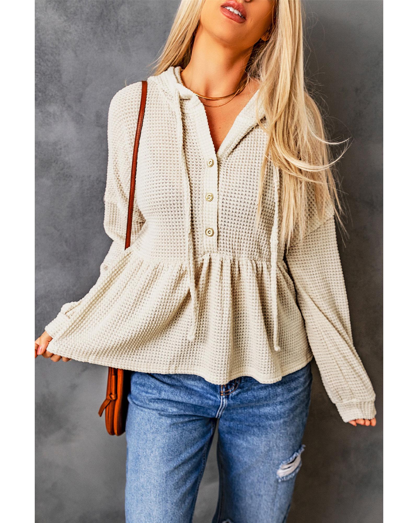 V539-AZEXDC25311924-18-L-202508261430-00 Azura Exchange Waffle Knit Buttons Ruffled Hooded Top - L - Image 1