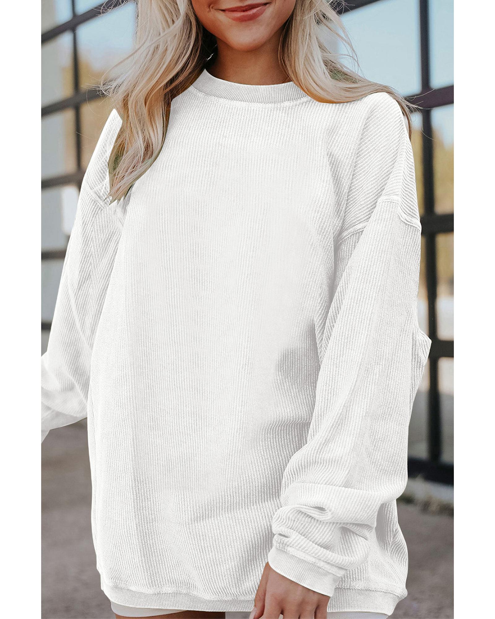 V539-AZEXDC25312934-P1-S-202506130041-00 White Ribbed Corduroy Oversized Sweatshirt - S - Image 1