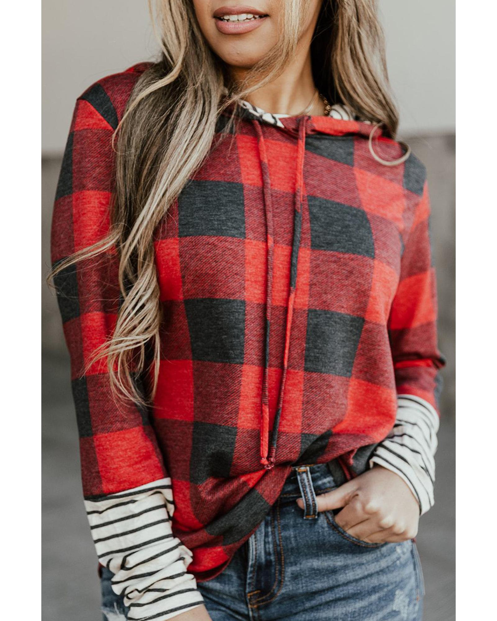 V539-AZEXDC25313080-3-S-161285-00 Azura Exchange Plaid Striped Patchwork Drawstring Hoodie - S - Image 1