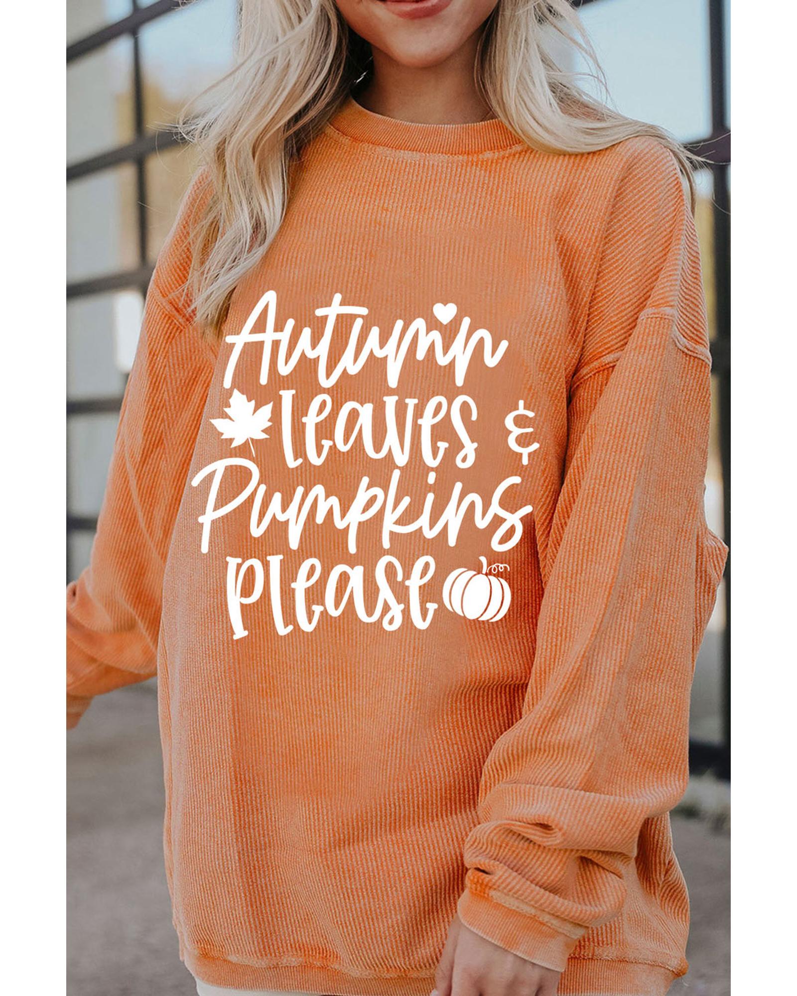 V539-AZEXDC25314948-2014-XL-202508281315-00 Orange Autumn Leaves Pumpkins Please Ribbed Oversized Sweatshirt - XL - Image 1