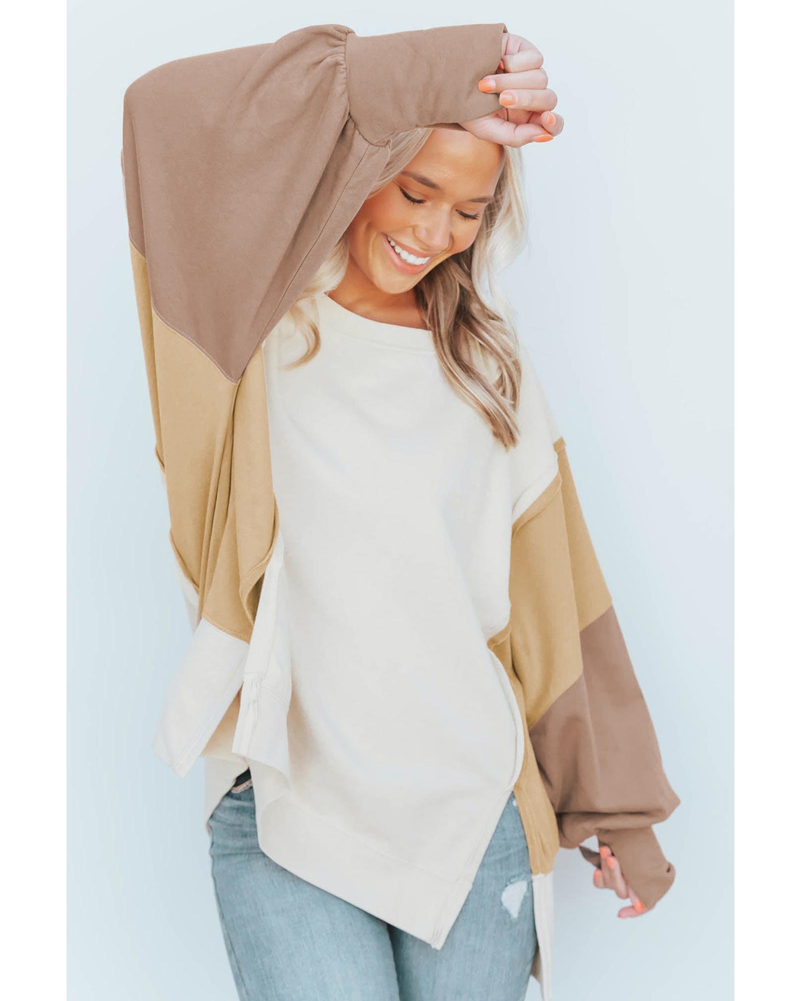 V539-AZEXDC25315129-16-L-202508281720-00 Khaki Color Block Sleeve Patchwork Oversized Sweatshirt - L - Image 1