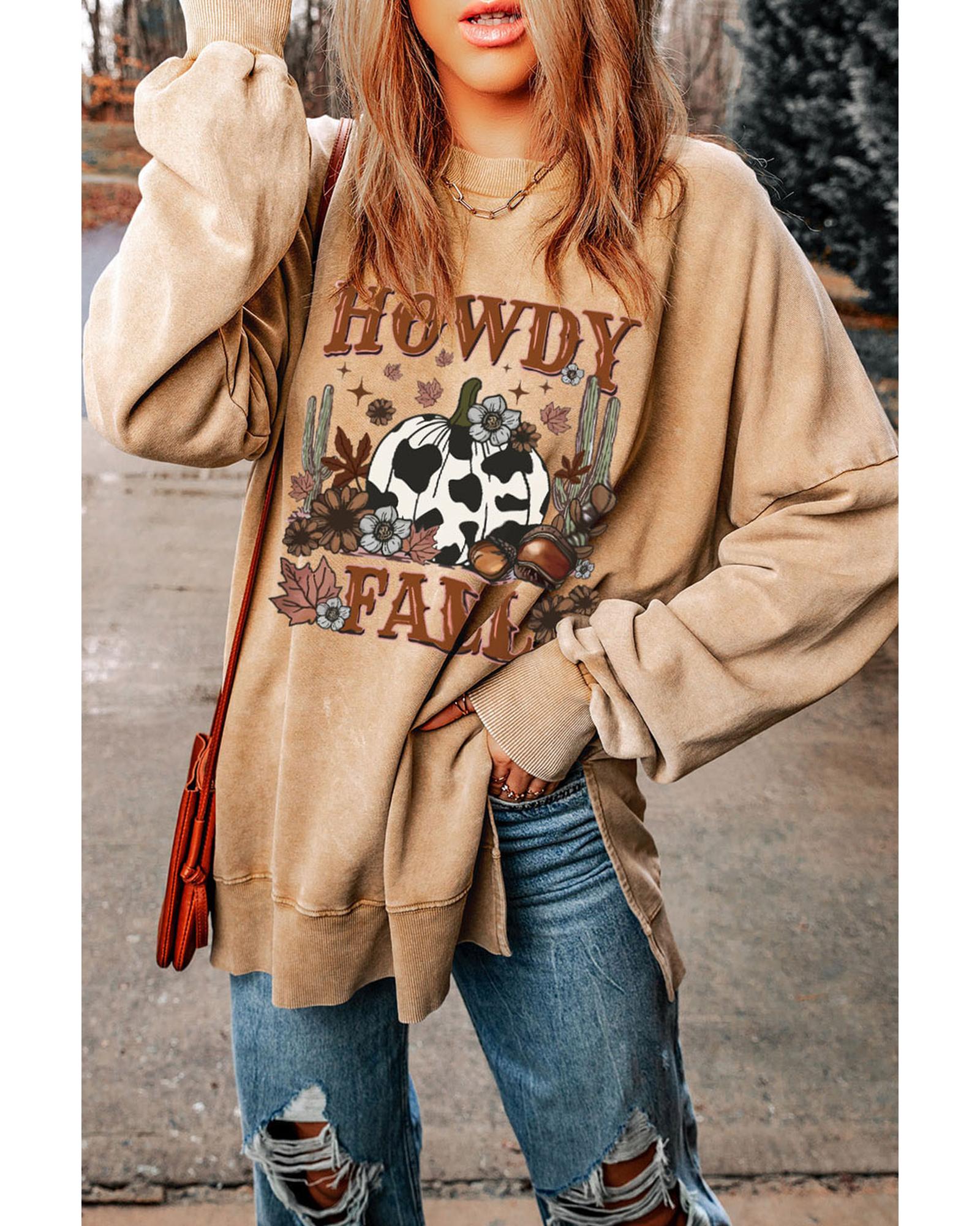 V539-AZEXDC25315160-16-S-202508290325-00 Azura Exchange Howdy Fall Pumpkin Print Split Hem Sweatshirt - S - Image 1
