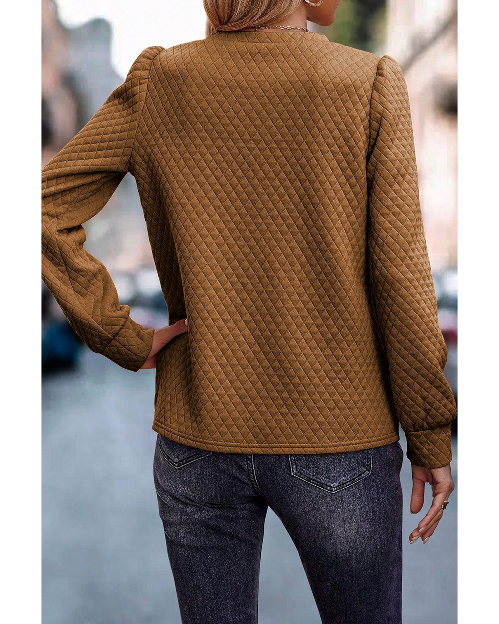 V539-AZEXDC25315657-P17-M-202508290030-00 Brown Solid Color Quilted Puff Sleeve Pullover Sweatshirt - M - Image 1