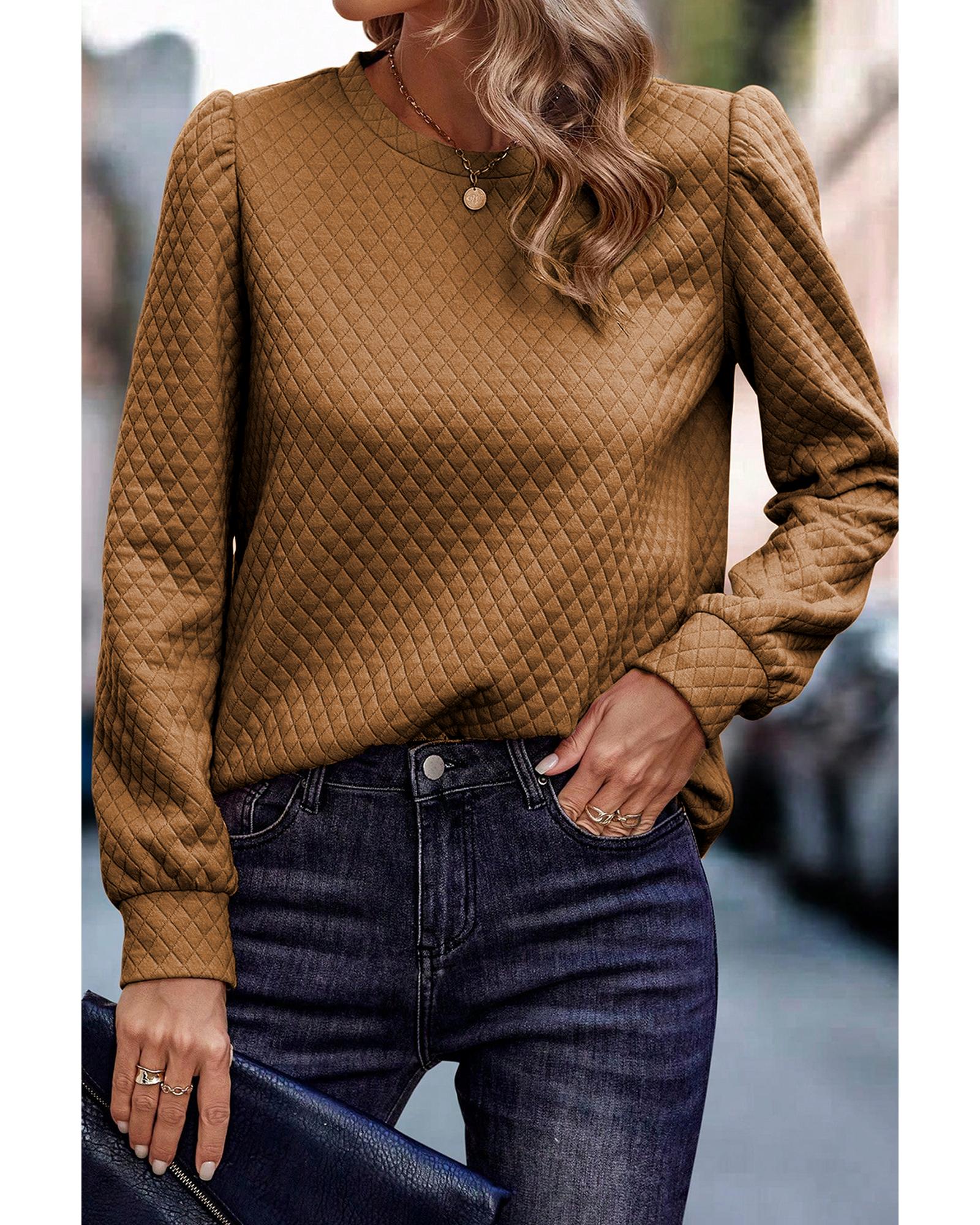 V539-AZEXDC25315657-P17-XL-202508291700-00 Brown Solid Color Quilted Puff Sleeve Pullover Sweatshirt - XL - Image 1