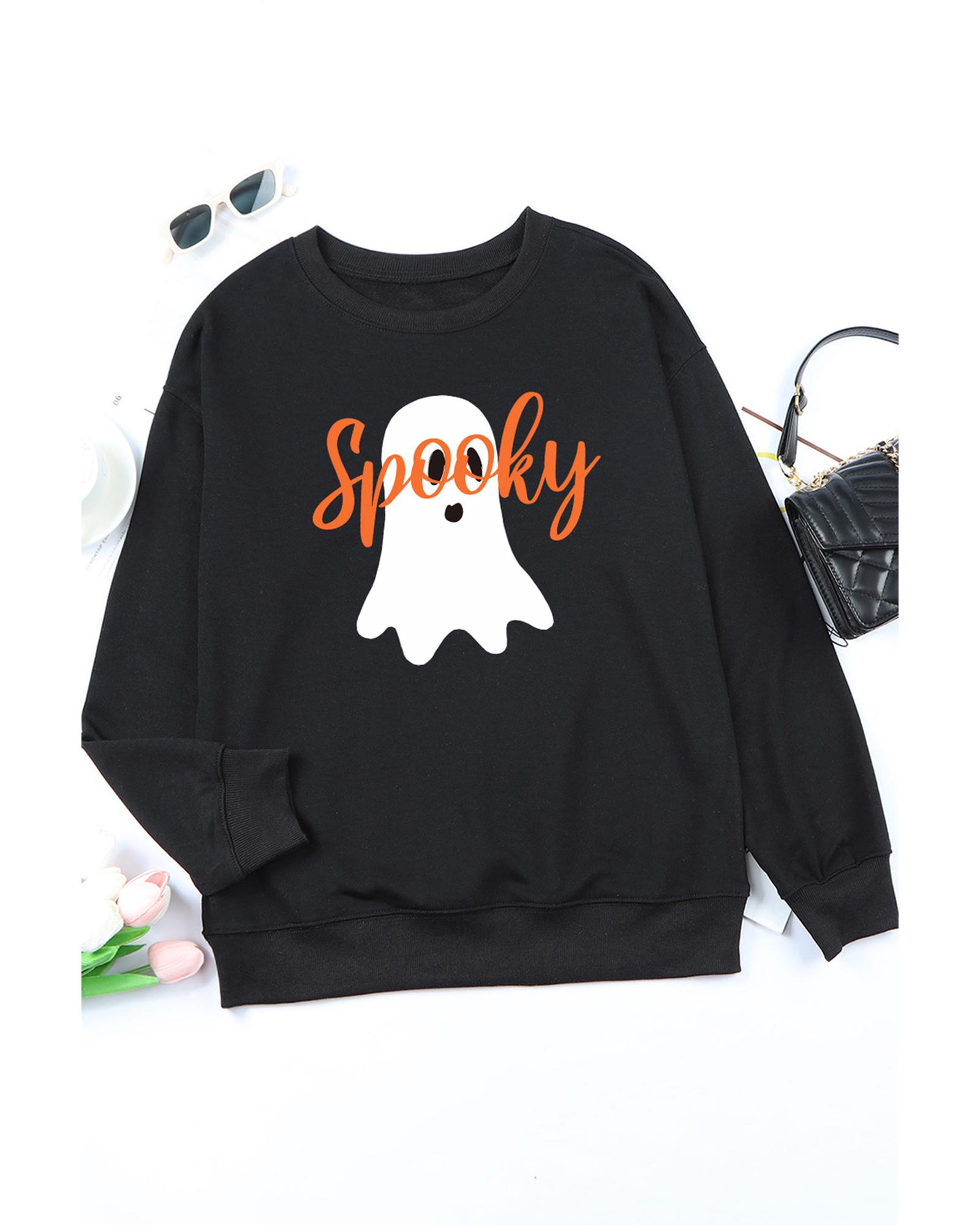 V539-AZEXDC25315930-2-M-202508280935-00 Black Halloween Spooky Ghost Print Crewneck Pullover Sweatshirt - M - Image 1