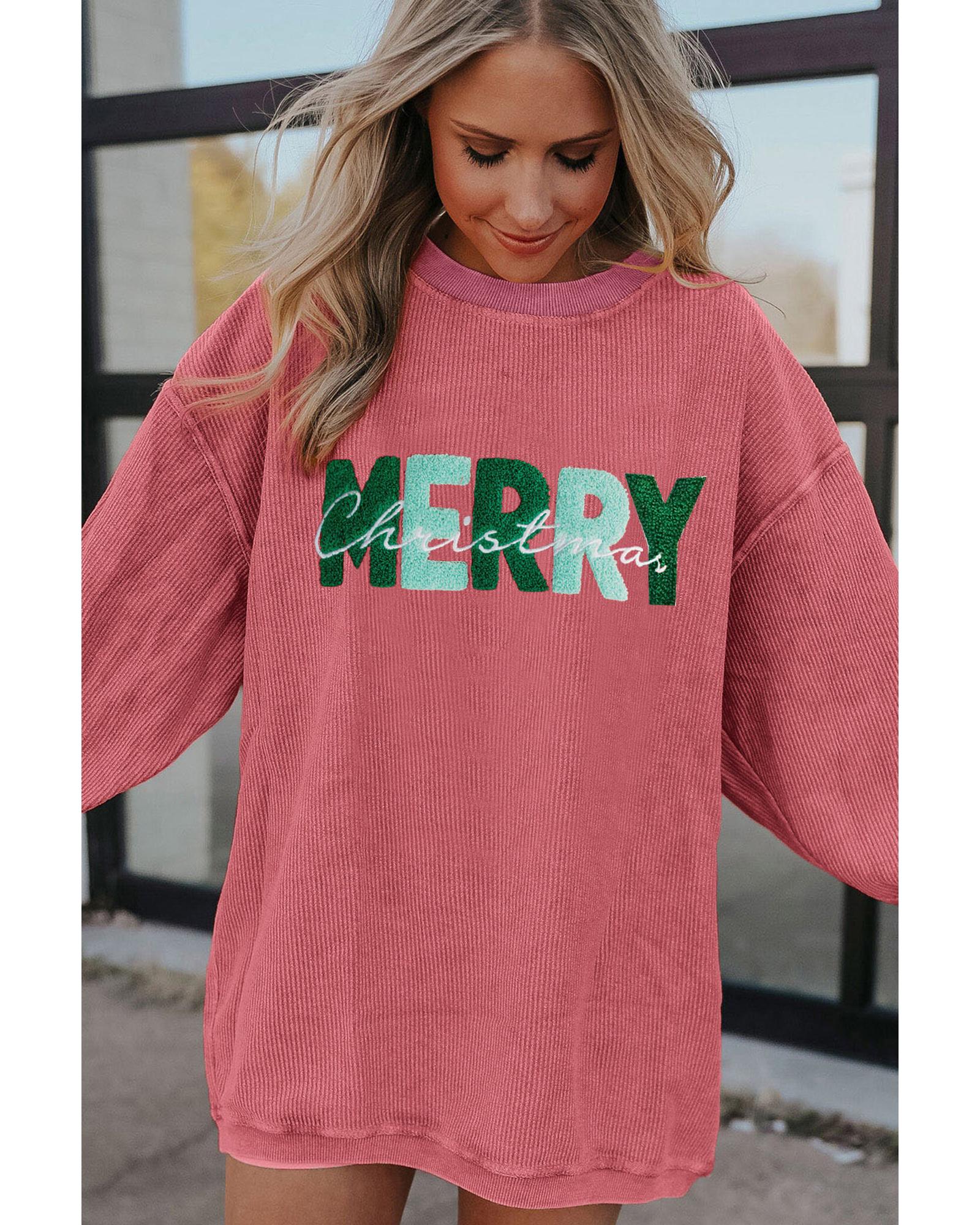 V539-AZEXDC25316879-P306-M-202508280445-00 Strawberry Pink MERRY Christmas Corded Pullover Sweatshirt - M - Image 1