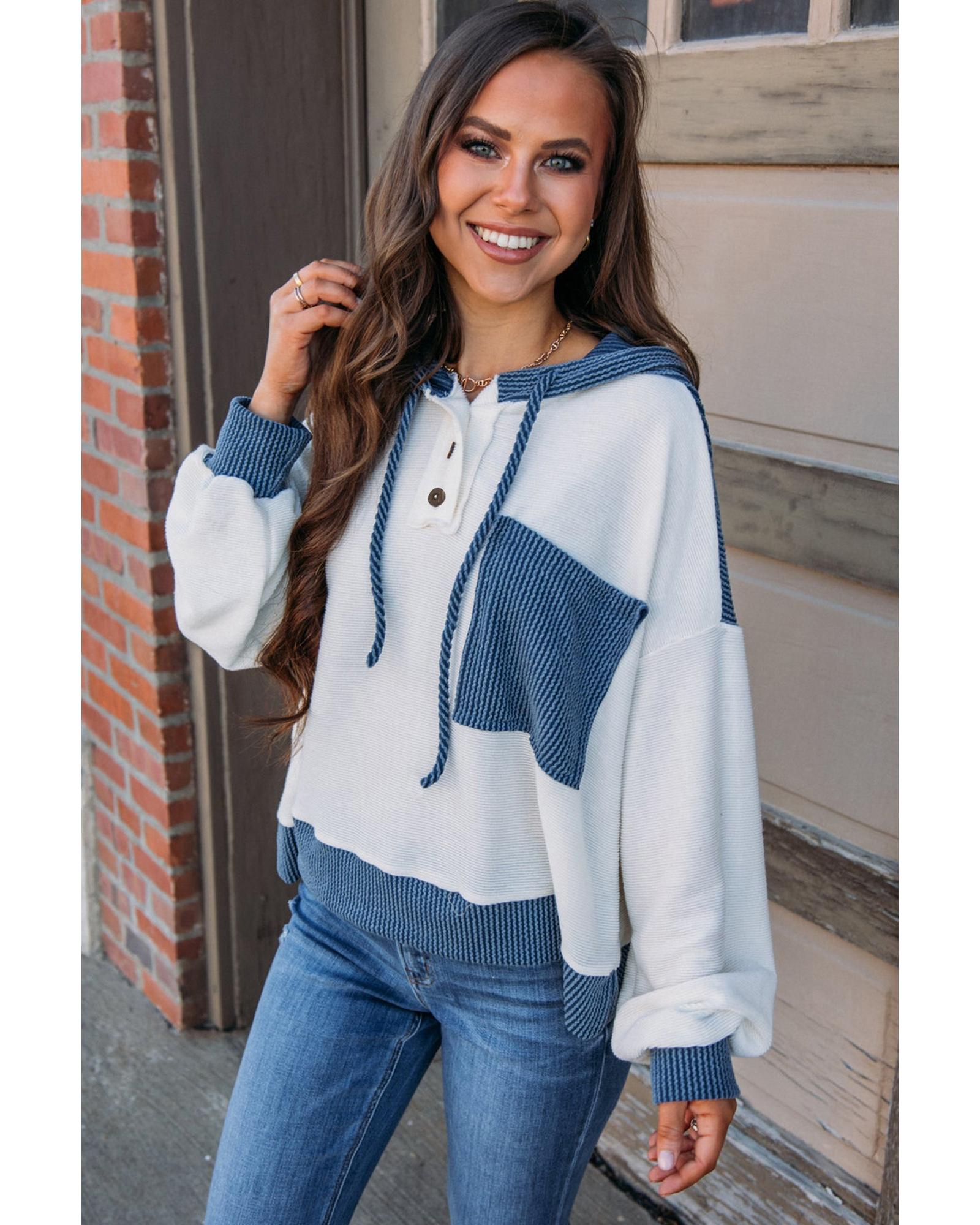 V539-AZEXDC25317119-P1-L-202508281520-00 White Corded Colorblock Patch Pocket Drawstring Hooded Top - L - Image 1