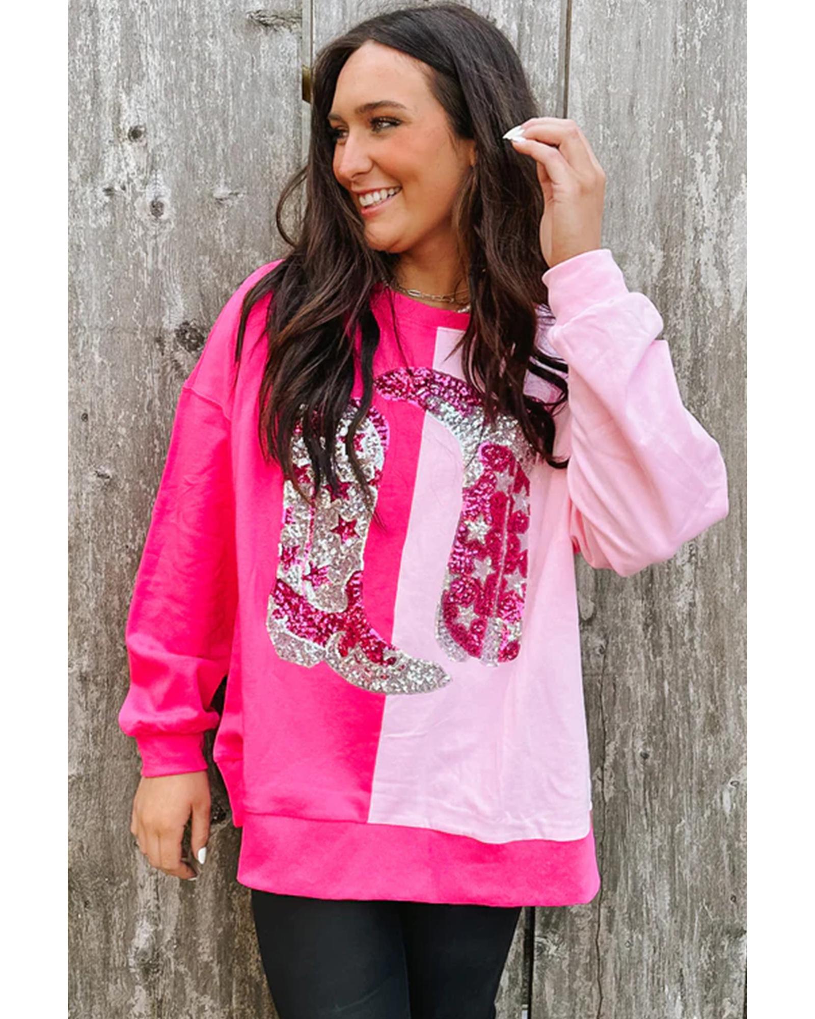 V539-AZEXDC25317172-P1022-2XL-202508280205-00 Pink Color Block Sequined Cowgirl Boots Graphic Sweatshirt - 2XL - Image 1