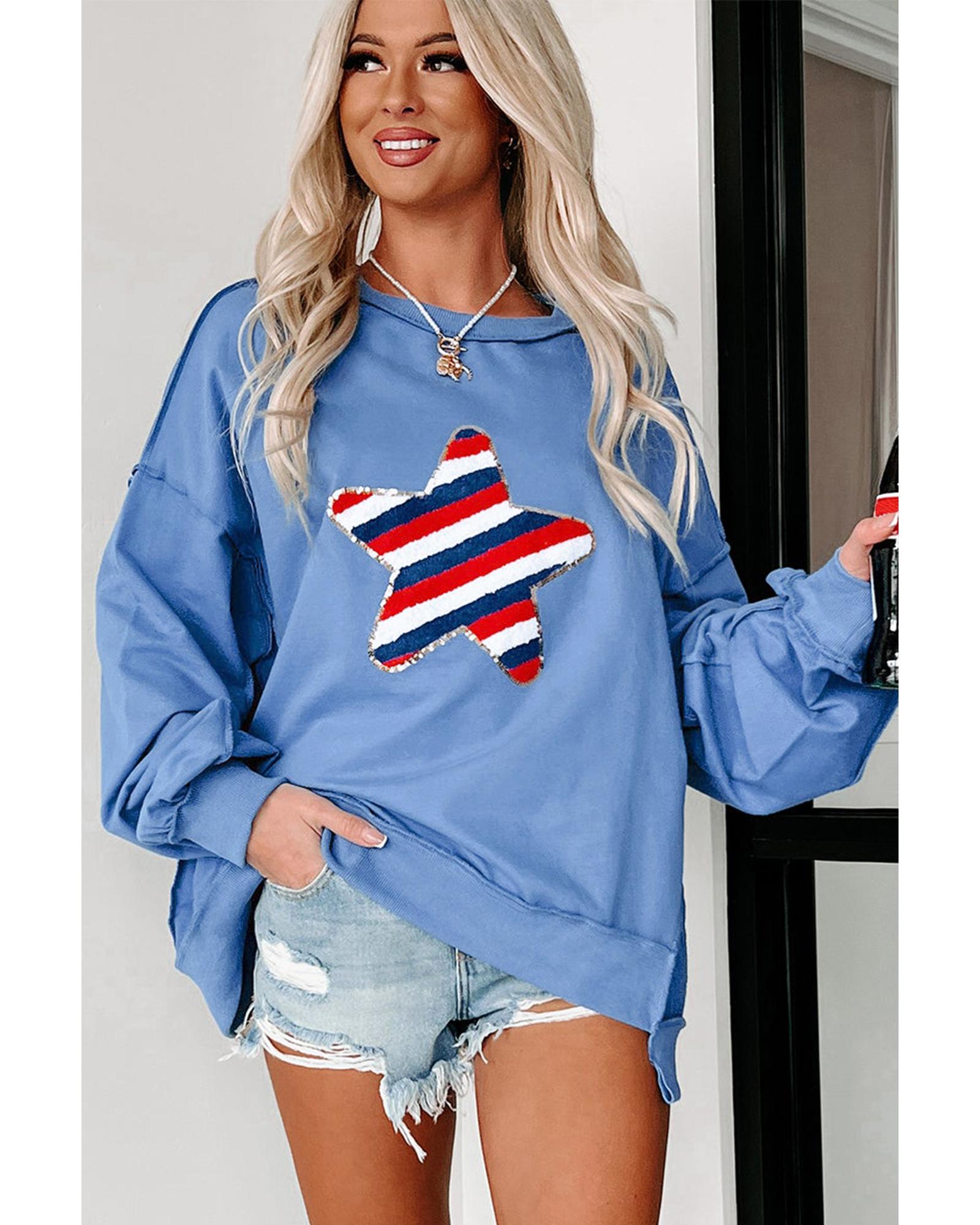 V539-AZEXDC25317414-P205-L-202508291340-00 Sky Blue Sequin Trim Embroidered Star USA Pattern Sweatshirt - L - Image 1