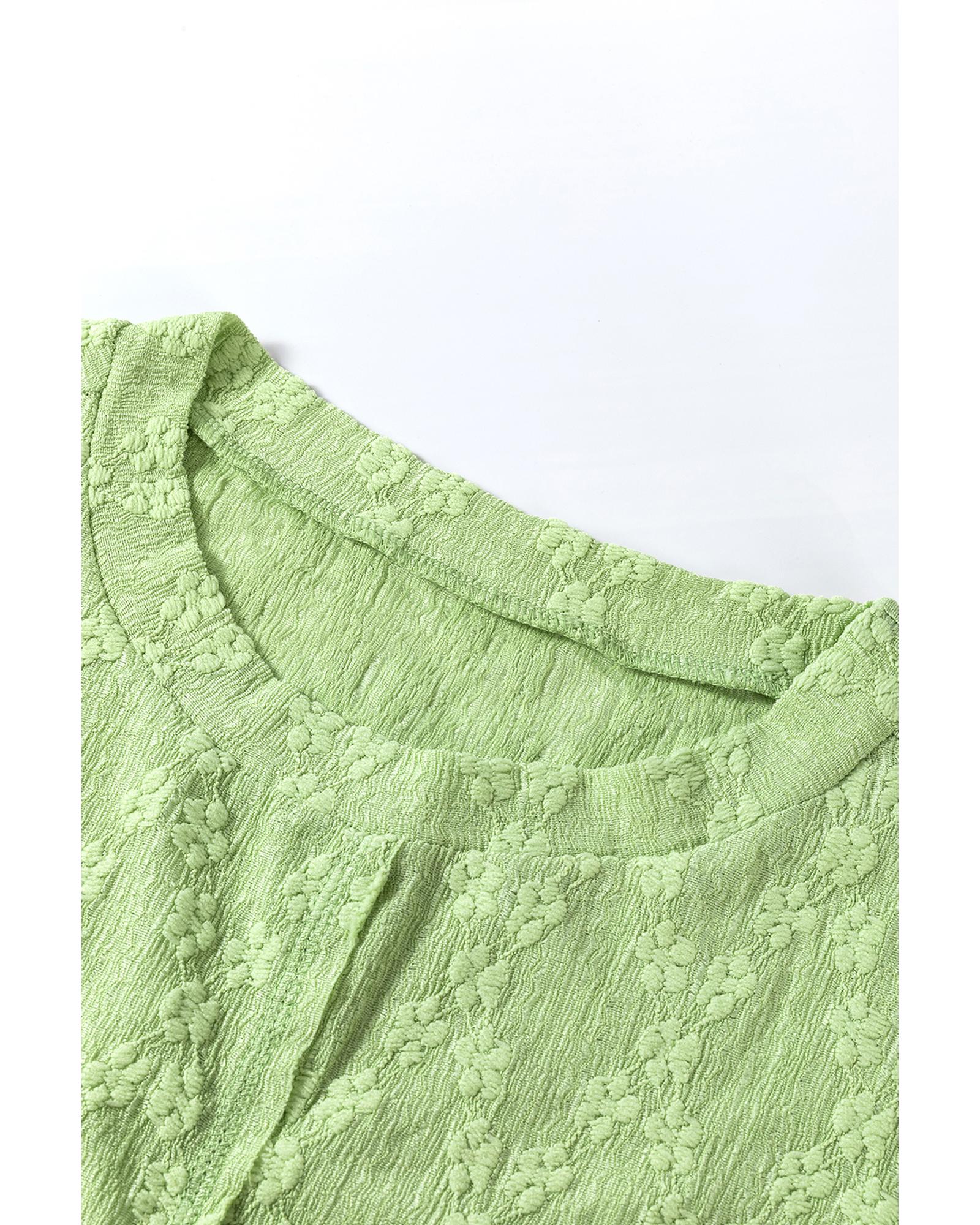V539-AZEXDC25317437-P809-L-202508300300-00 Light Green Solid Color Textured Side Split Crew Neck Blouse - L - Image 1