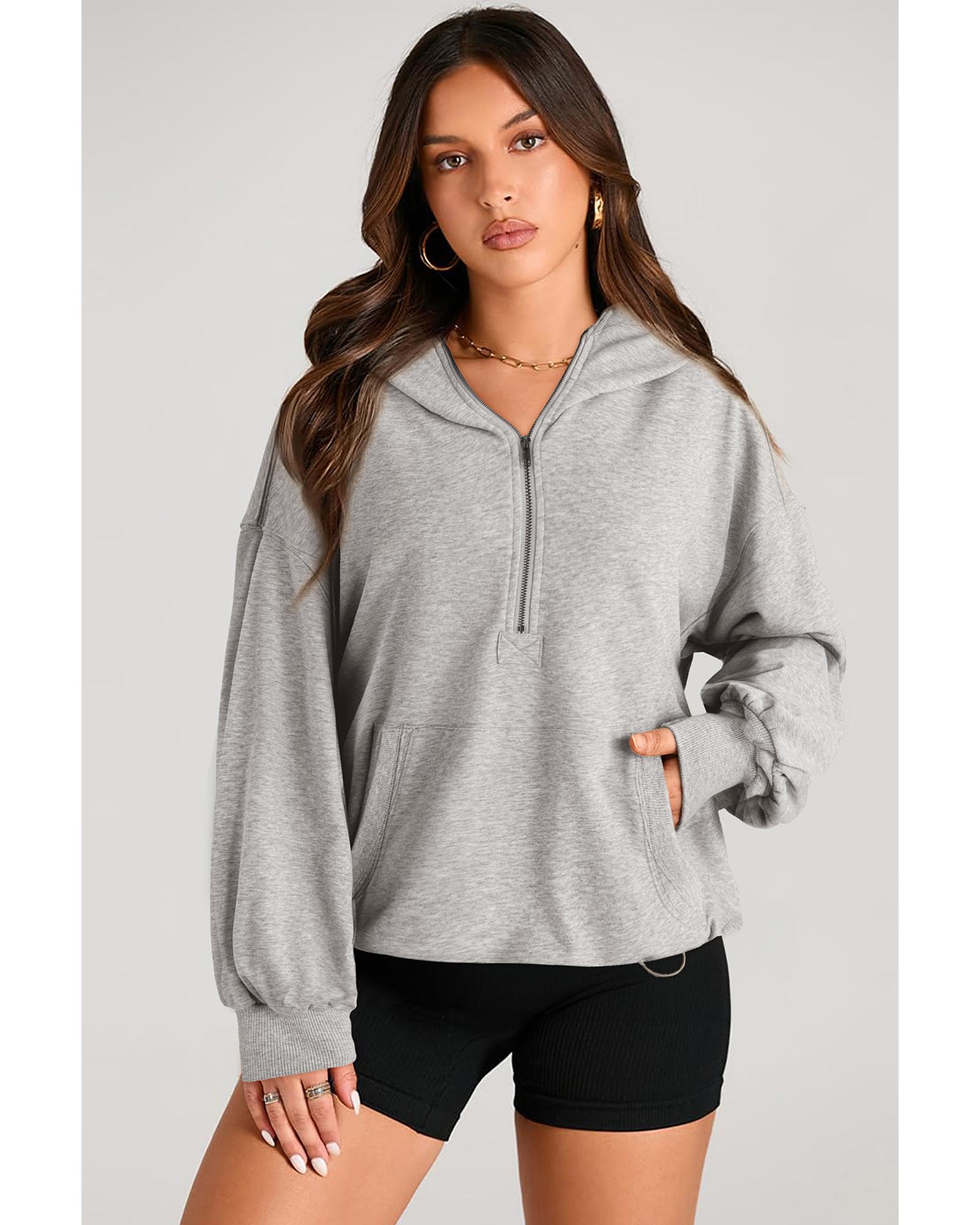 V539-AZEXDC25317593-P1011-L-202508272235-00 Light Grey Solid Kangaroo Pocket Half Zipper Oversized Hoodie - L - Image 1