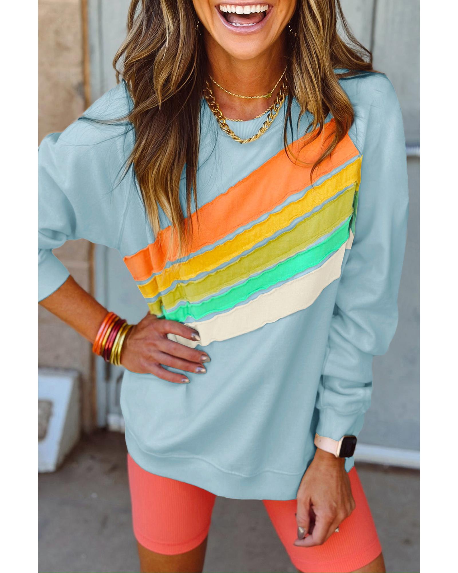 V539-AZEXDC25317732-P804-M-202508280045-00 Beau Blue Rainbow Colorblock Striped Pullover Sweatshirt - M - Image 1