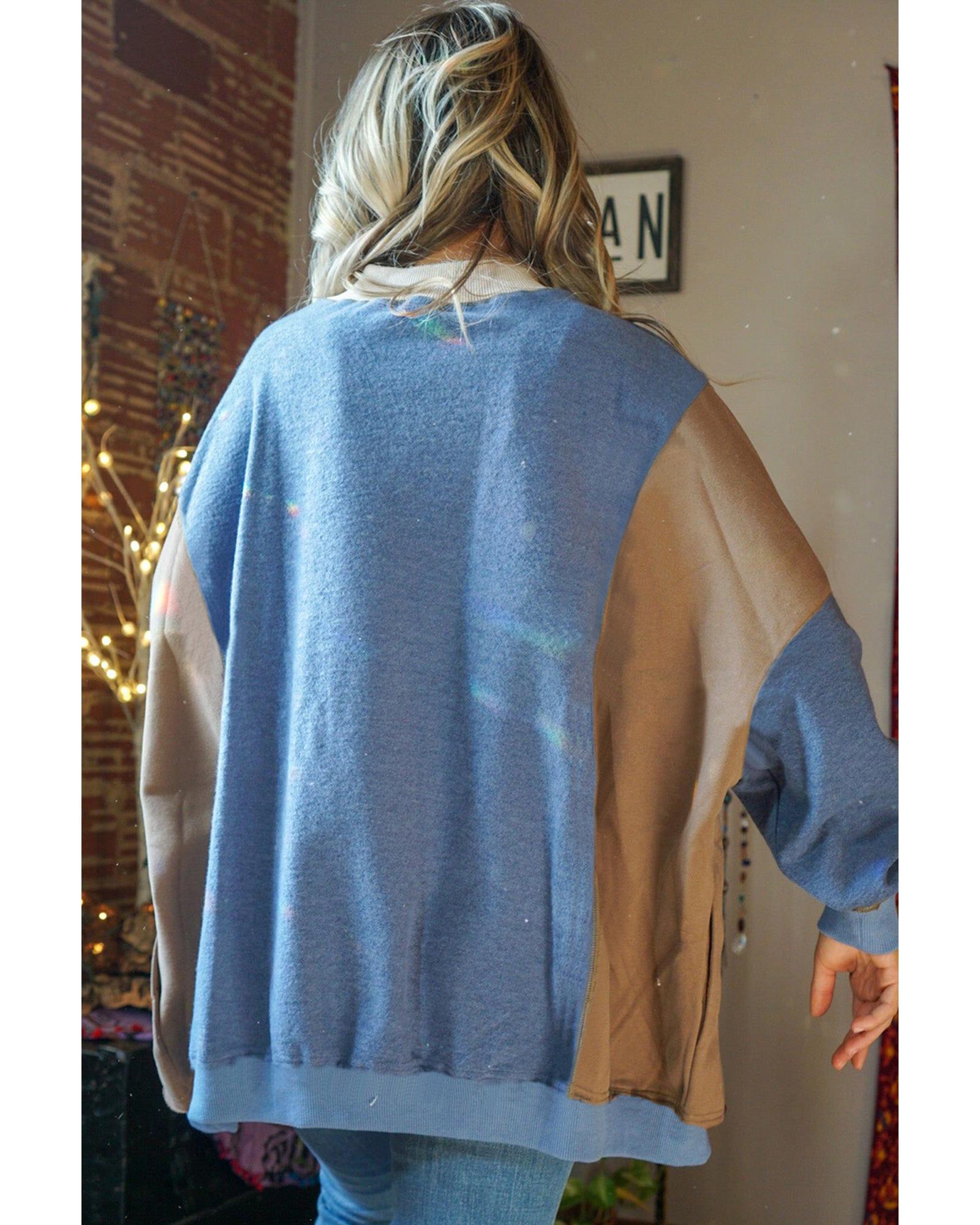 V539-AZEXDC25317993-P205-S-202506130646-00 Sky Blue Ribbed Detail Color Block Sleeve Baggy Sweatshirt - S - Image 1