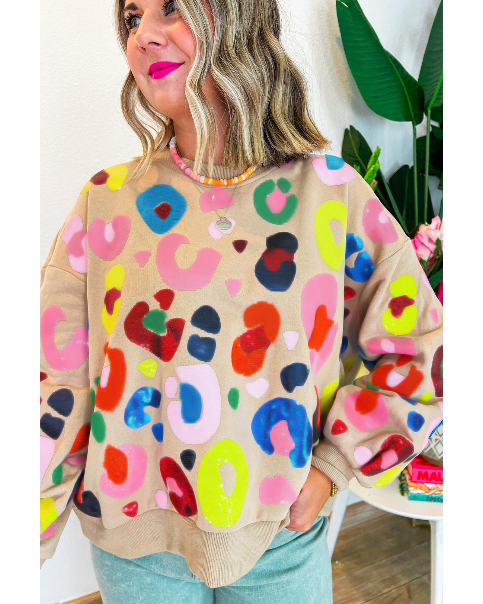 V539-AZEXDC25318234-P1620-S-202506130315-00 Khaki Multicolor Leopard Printed Drop Shoulder Pullover Sweatshirt - S - Image 1