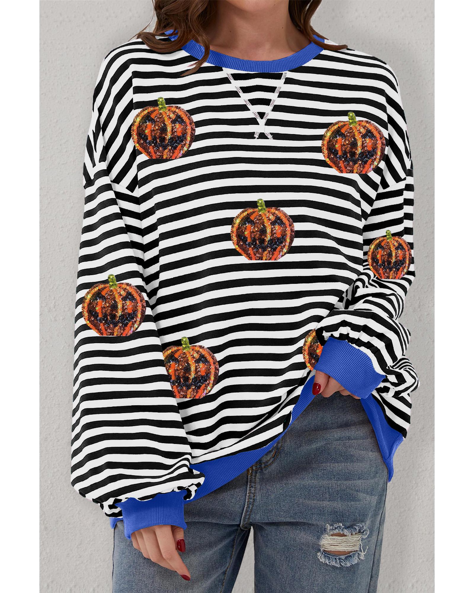 V539-AZEXDC25318296-P219-XL-202508300455-00 Black Stripe Funny Halloween Pumpkin Face Pattern Oversize Sweatshirt - XL - Image 1
