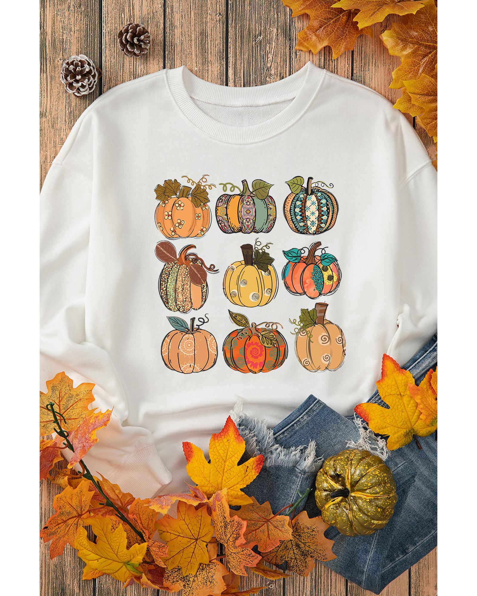 V539-AZEXDC25318340-15-L-202508300620-00 Beige Thanksgiving Pumpkin Print Drop Shoulder Sweatshirt - L - Image 1