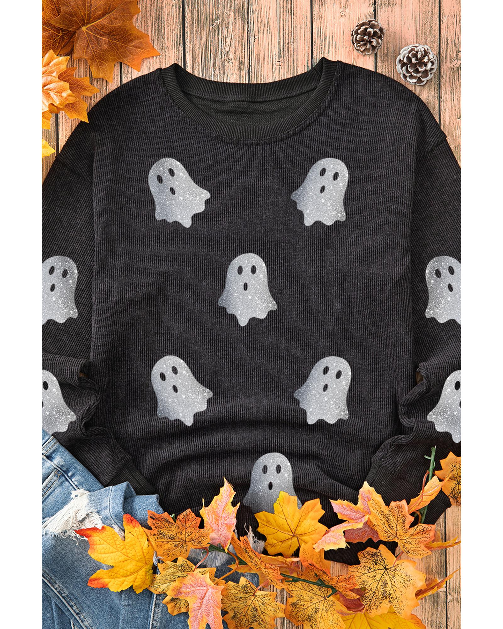 V539-AZEXDC25318422-2-S-202506131021-00 Black Halloween Ghost Corded Crew Neck Loose Sweatshirt - S - Image 1