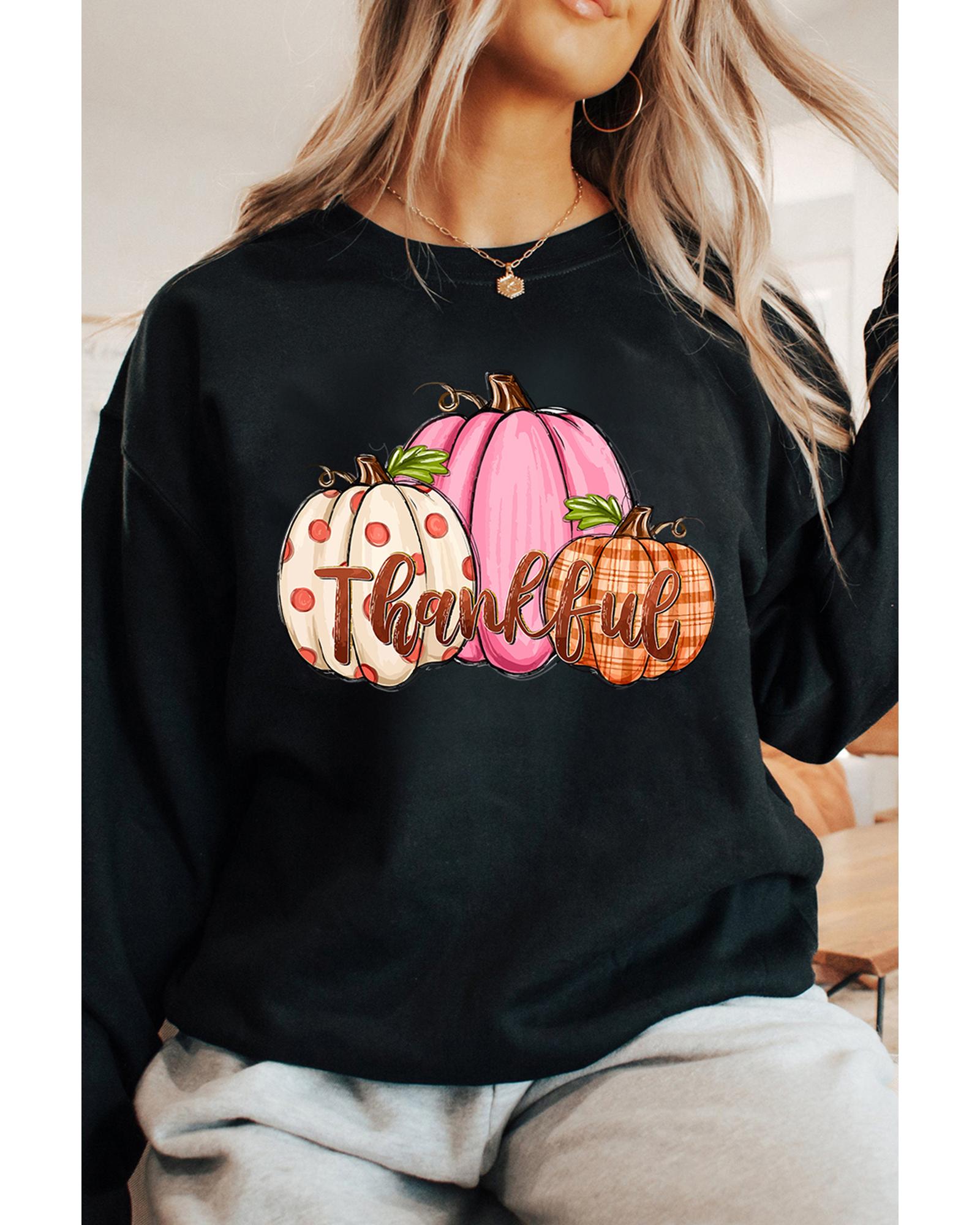 V539-AZEXDC25318443-P2-S-202506131035-00 Black Pumpkin Thankful Drop Shoulder Thanksgiving Pullover Sweatshirt - S - Image 1