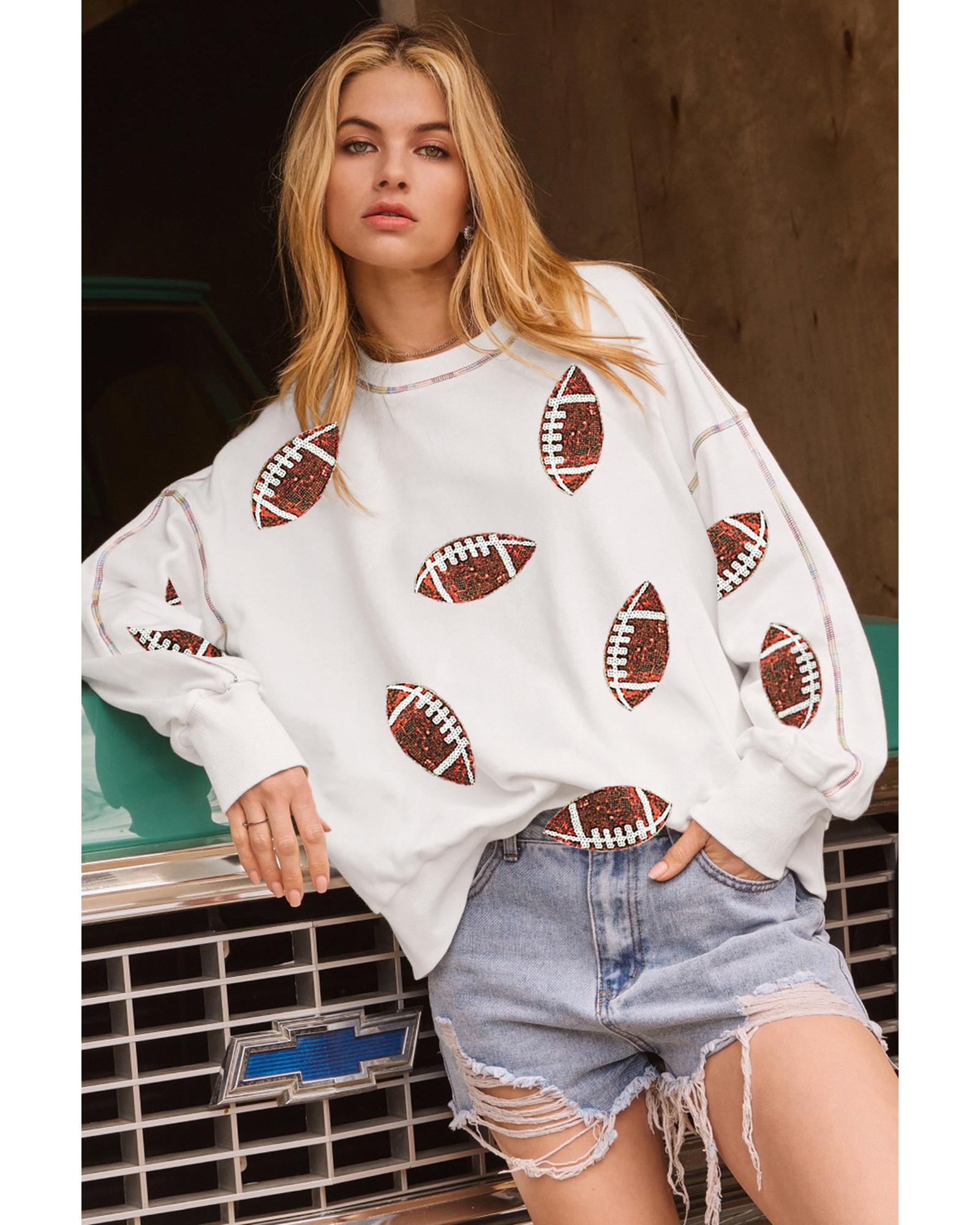 V539-AZEXDC25318460-P101-S-202506131111-00 White Sequin Rugby Football Pattern Exposed Seam Game Day Sweatshirt - S - Image 1