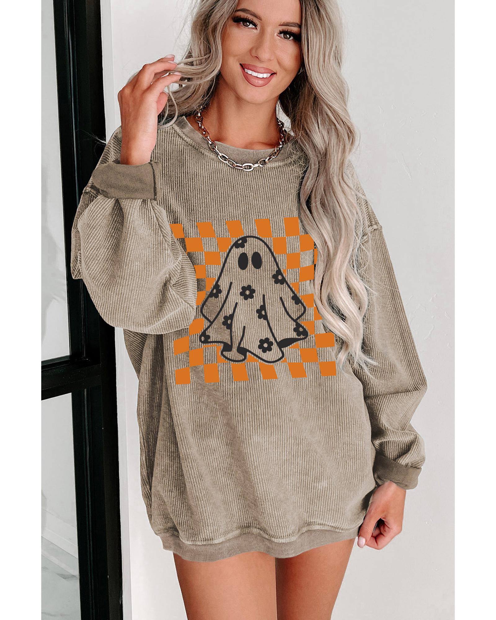 V539-AZEXDC25318558-16-M-202508280635-00 Khaki Checkerboard Floral Ghost Graphic Corded Halloween Sweatshirt - M - Image 1