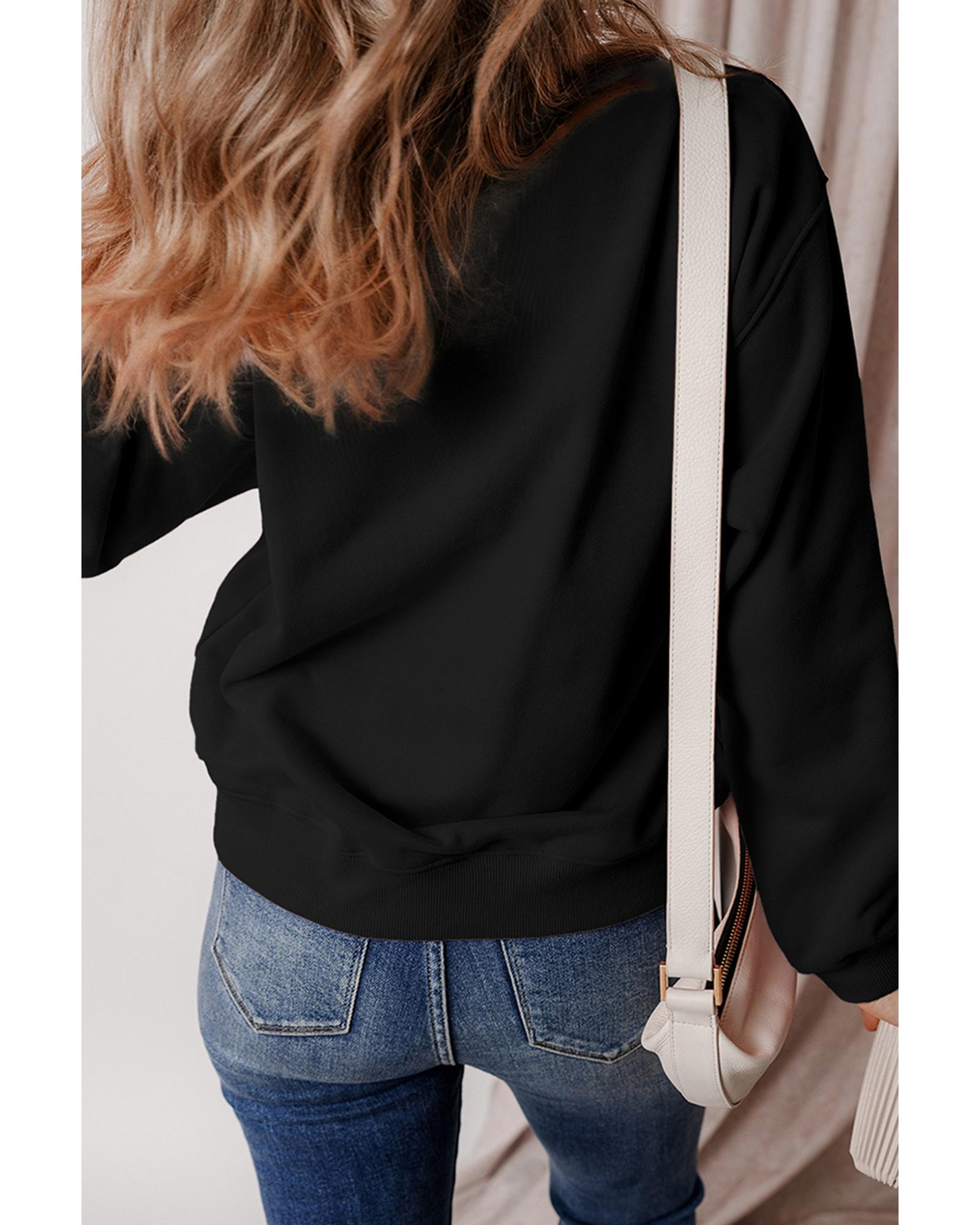 V539-AZEXDC25318689-P2-S-202506130815-00 Black Glitter SPOOKY Ghost Pattern Crew Neck Halloween Sweatshirt - S - Image 1