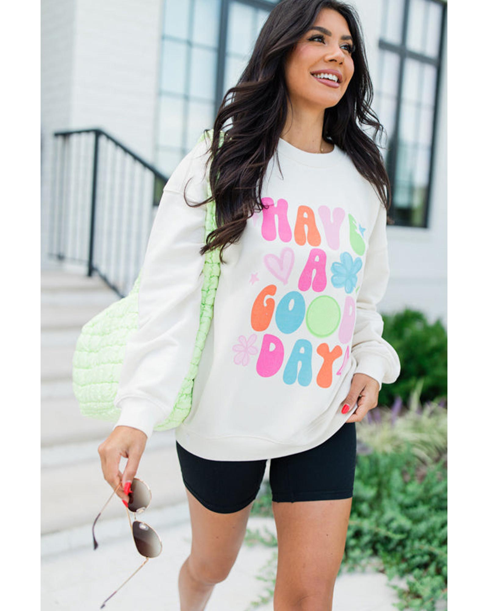 V539-AZEXDC25318697-15-L-202508281510-00 Beige HAVE A GOOD DAY Drop Shoulder Graphic Sweatshirt - L - Image 1