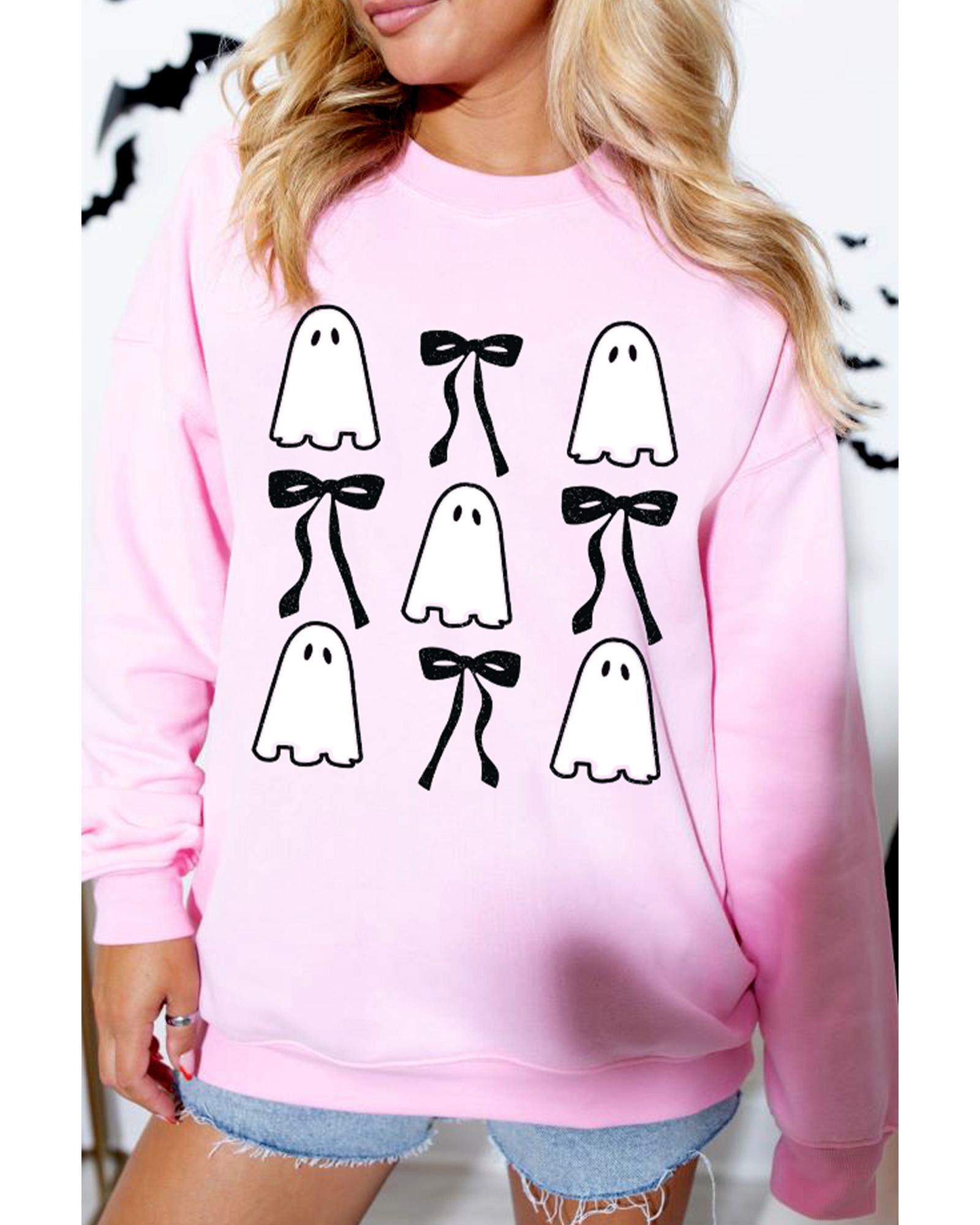 V539-AZEXDC25318708-10-XL-202508282040-00 Pink Ghost Bowknot Printed Drop Shoulder Halloween Sweatshirt - XL - Image 1