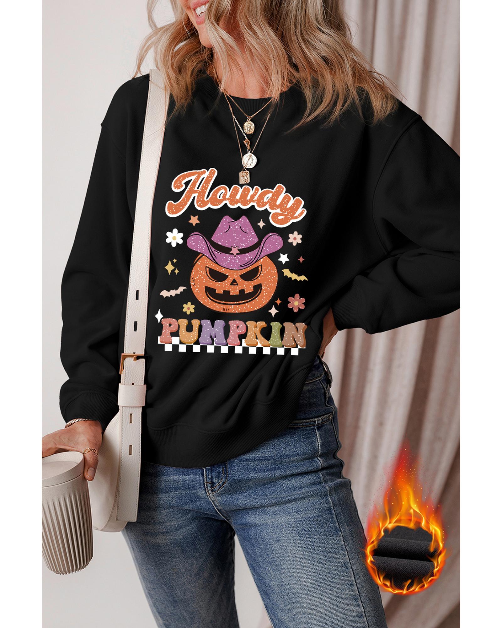 V539-AZEXDC25318725-P2-XL-202508282030-00 Black Halloween Howdy PUMPKIN Print Crew Neck Pullover Sweatshirt - XL - Image 1