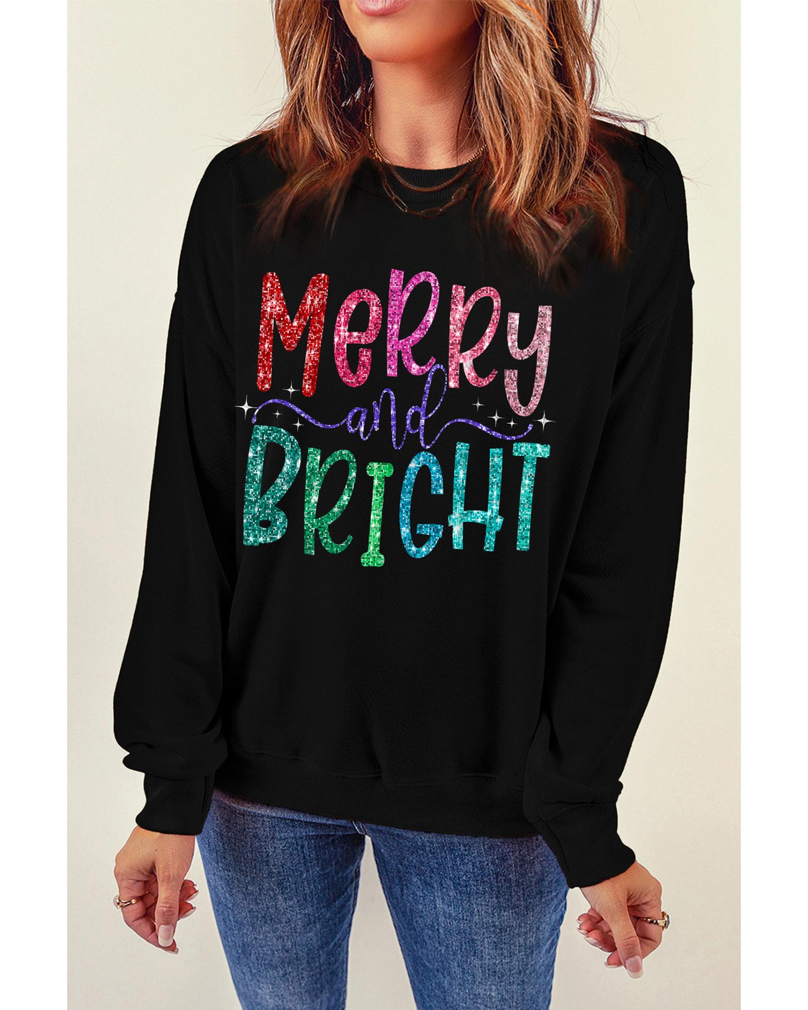 V539-AZEXDC25318816-2-L-202508280005-00 Black Glittering Merry and Bright Graphic Christmas Pullover Sweatshirt - L - Image 1