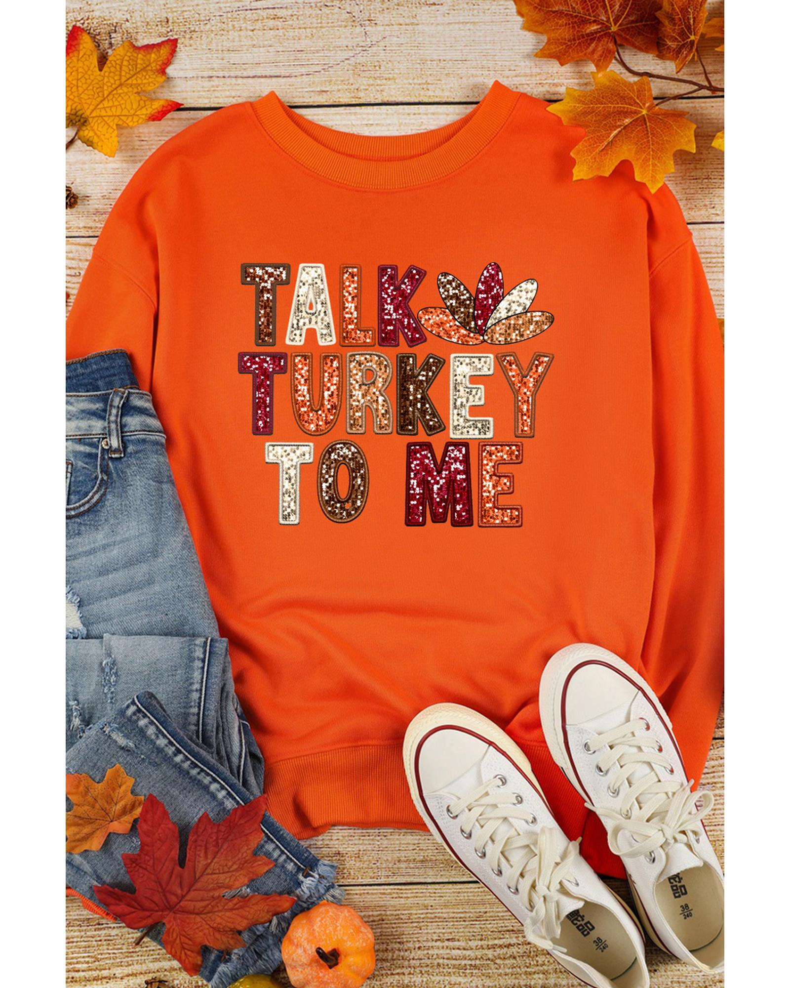 V539-AZEXDC25318896-14-L-202508281620-00 Orange TALK TURKEY TO ME Heat Transfer Printing Graphic Thanksgiving Holiday Sweatshirt - L - Image 1