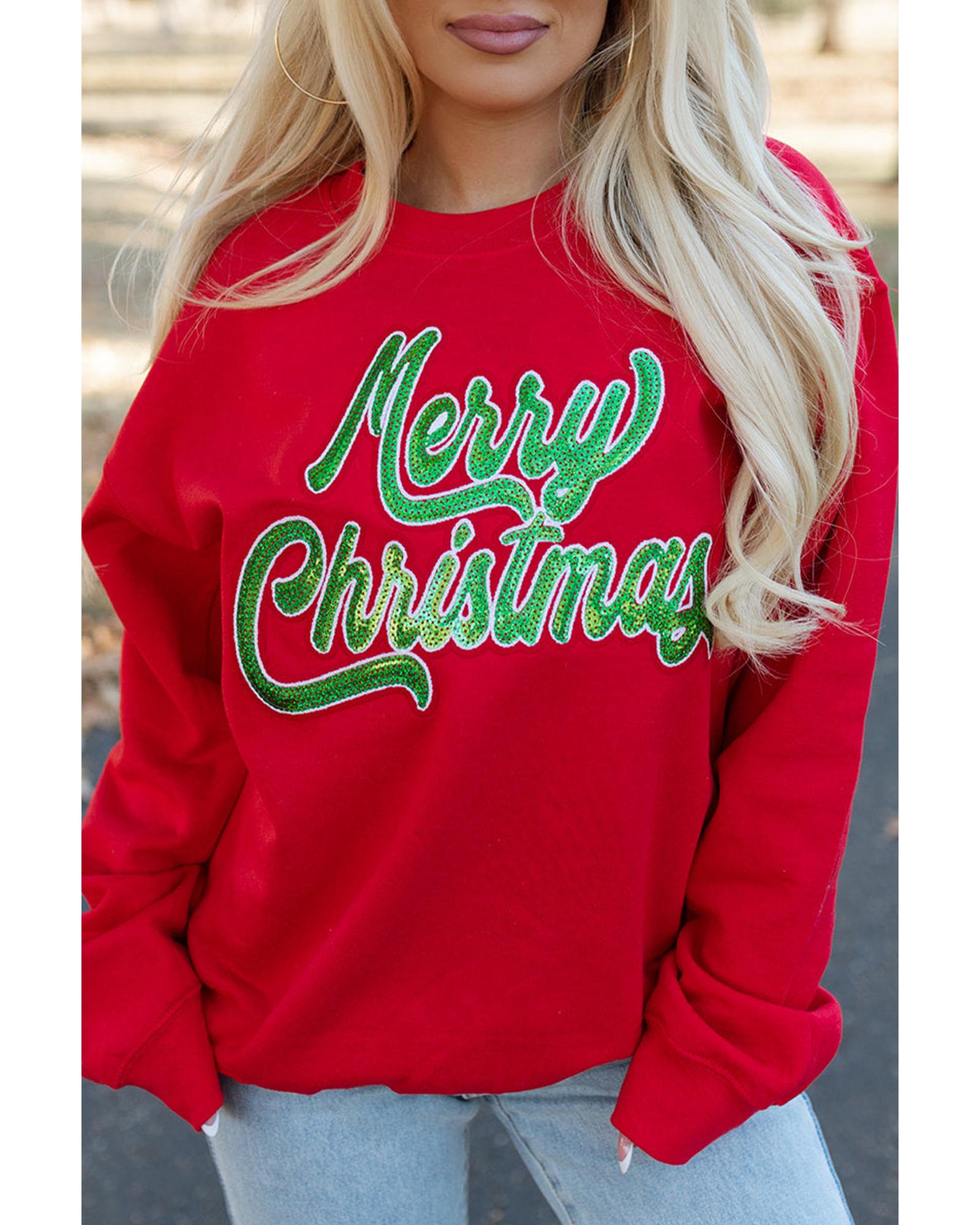 V539-AZEXDC25318996-3-XL-202508281600-00 Red Merry Christmas Crewneck Drop Shoulder Loose Sweatshirt - XL - Image 1