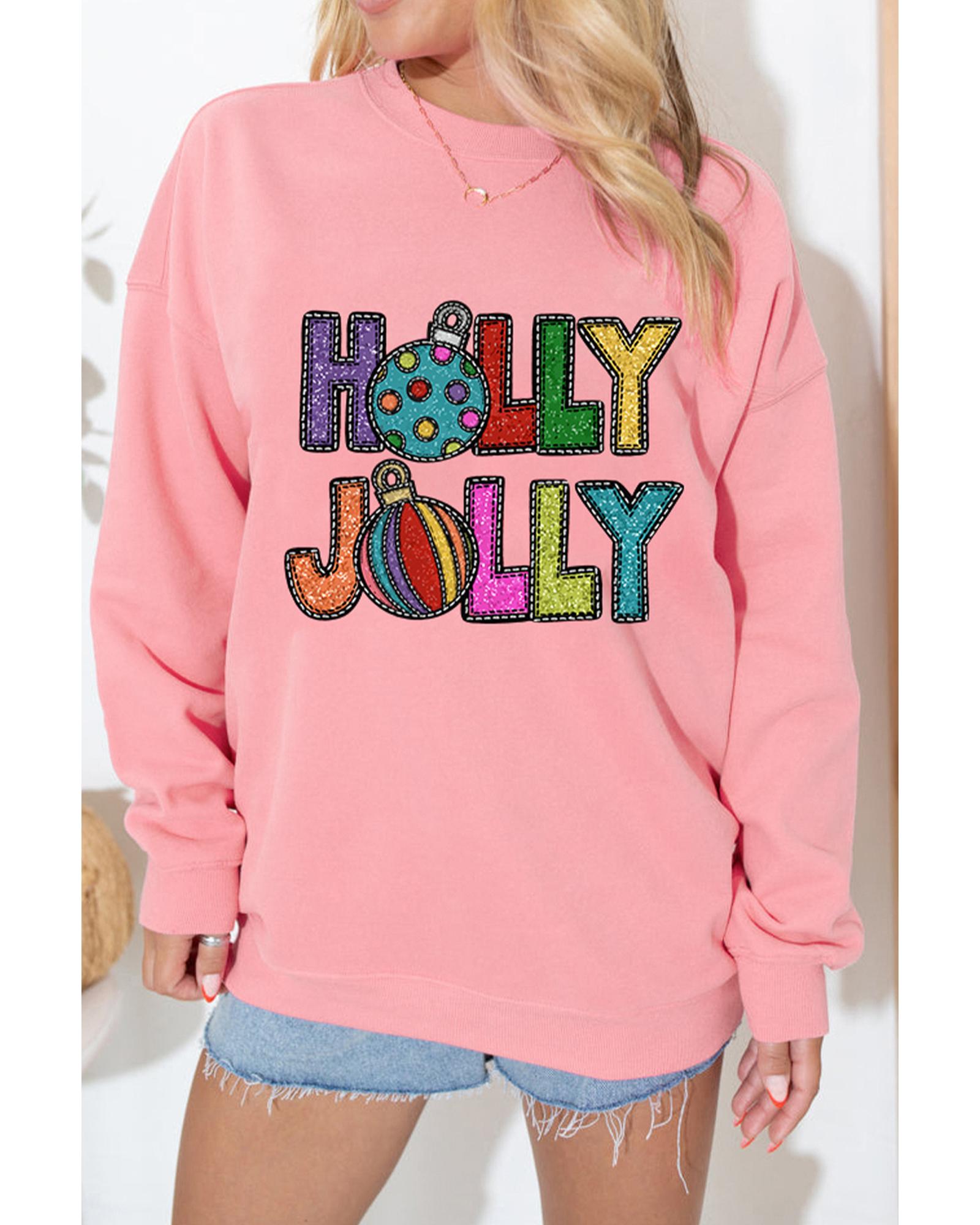 V539-AZEXDC25319197-10-M-202508270305-00 Pink HOLLY JOLLY Christmas Festive Letter Graphic Sweatshirt - M - Image 1
