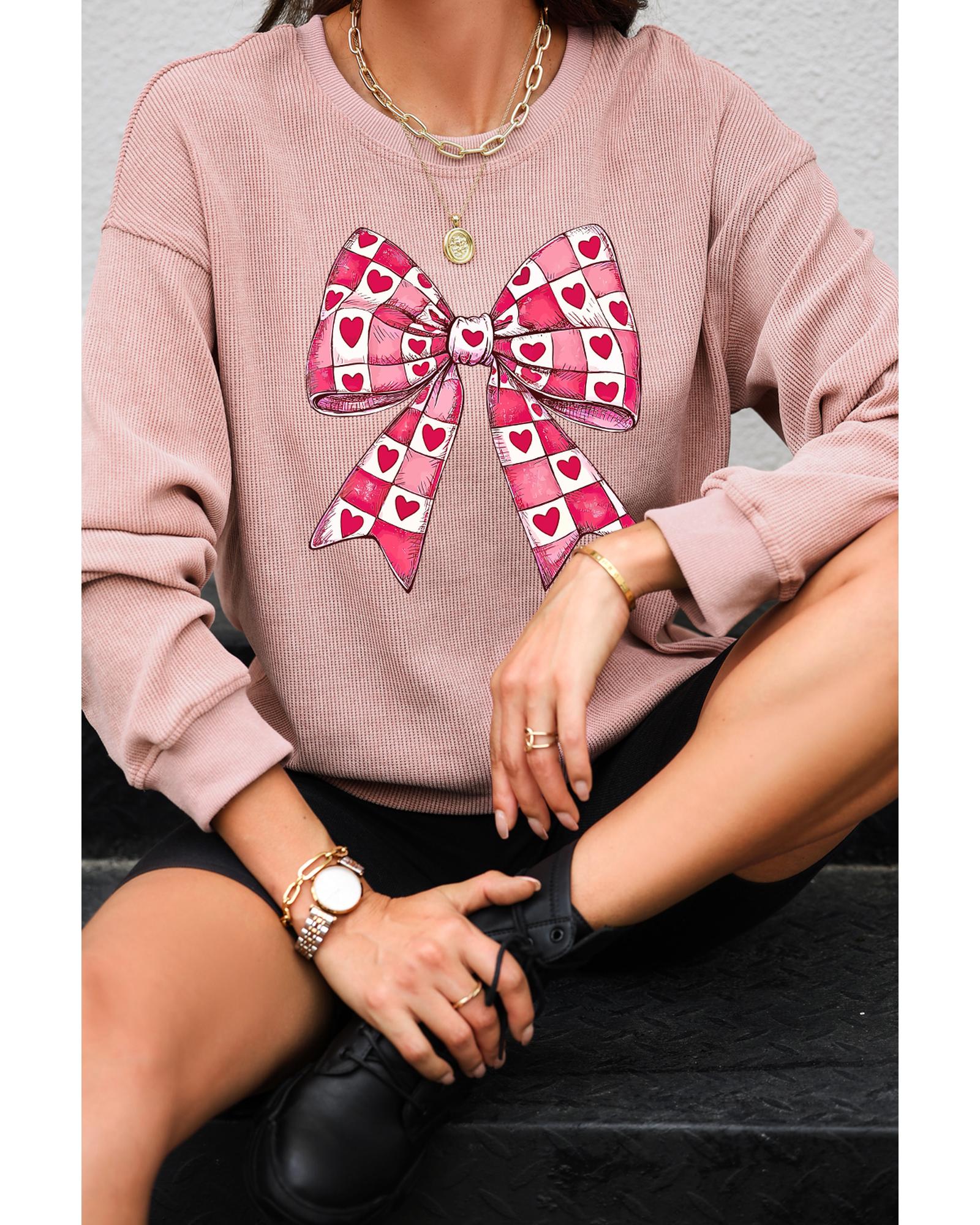 V539-AZEXDC25319238-10-3XL-202508271025-00 Pink Valentines Heart Checkered Bow Pattern Corded Baggy Sweatshirt - 3XL - Image 1