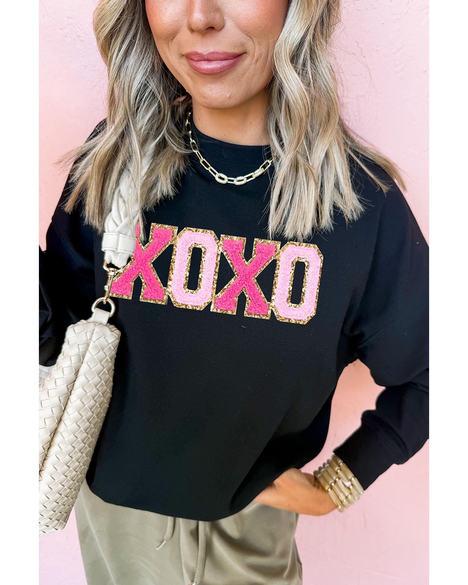 V539-AZEXDC25319269-2-XL-202508282140-00 Black Chenille XOXO Patched Drop Shoulder Valentines Pullover Sweatshirt - XL - Image 1