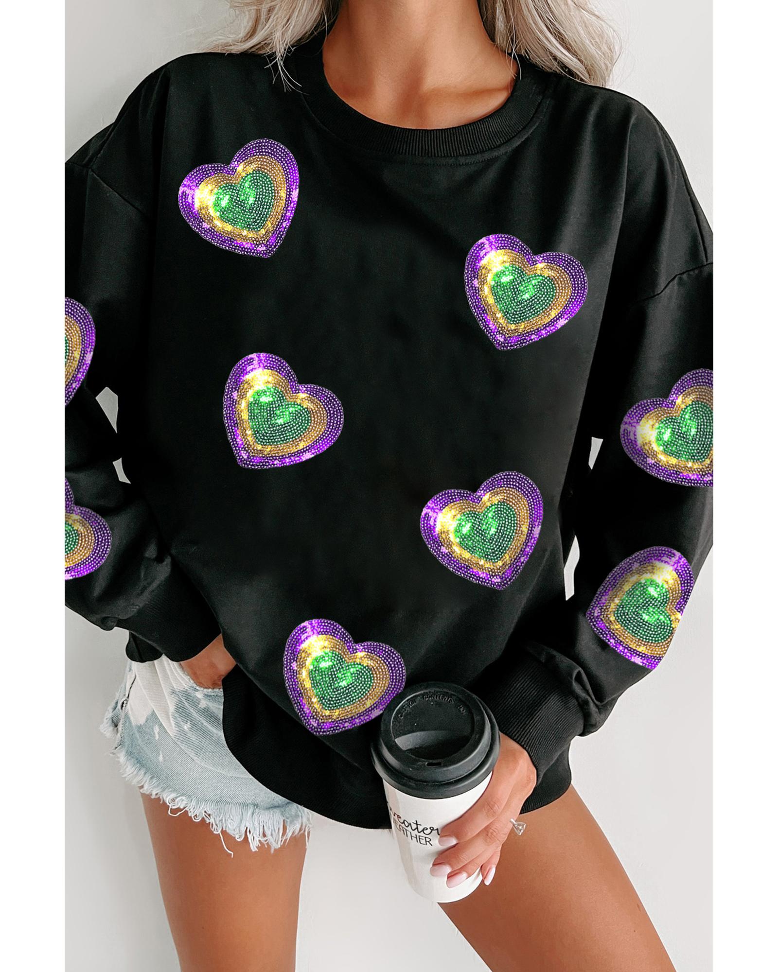 V539-AZEXDC25319304-2-XL-202508281950-00 Black Mardi Gras Heart Print Crew Neck Sweatshirt - XL - Image 1